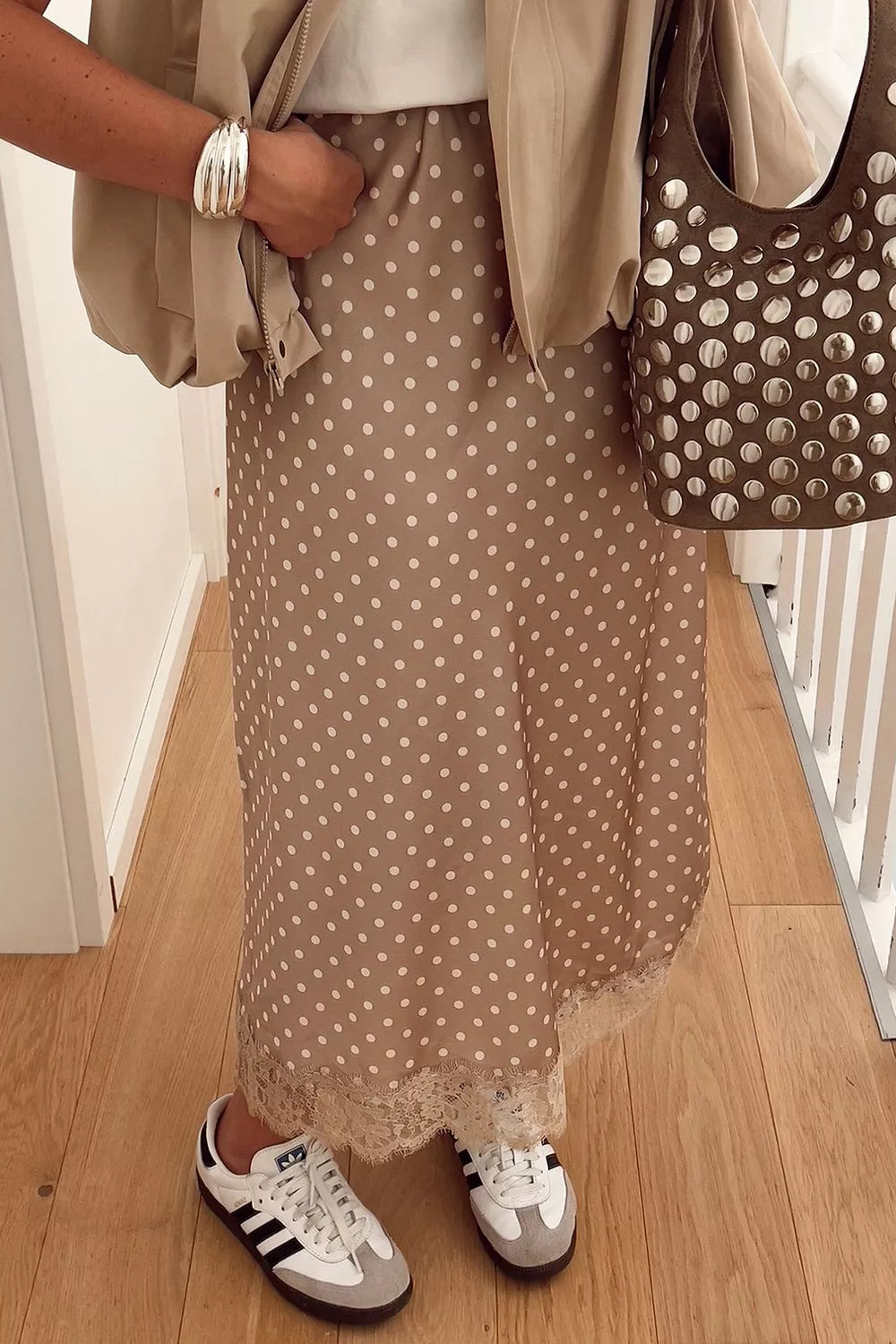 Trendsi Polka Dot Lace Trim Midi Skirt -