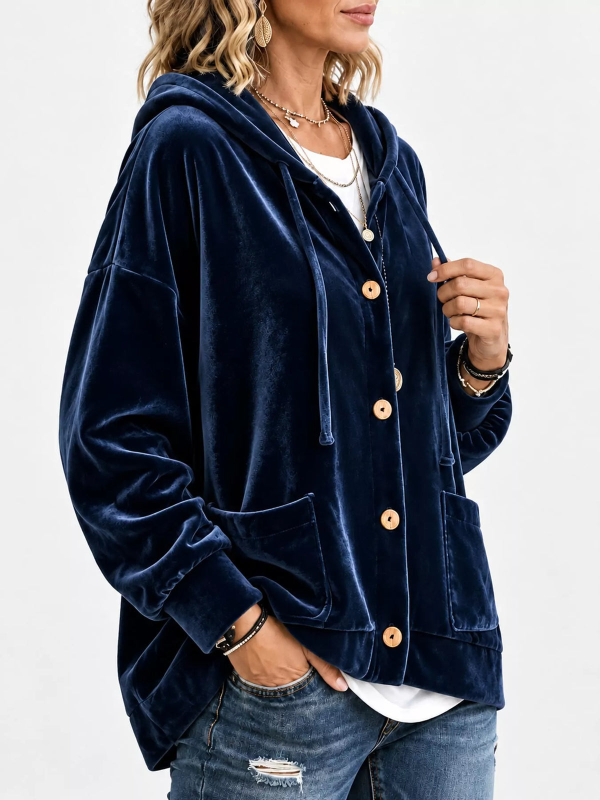 Navy blue velvet dropped shoulder hoodie, side view