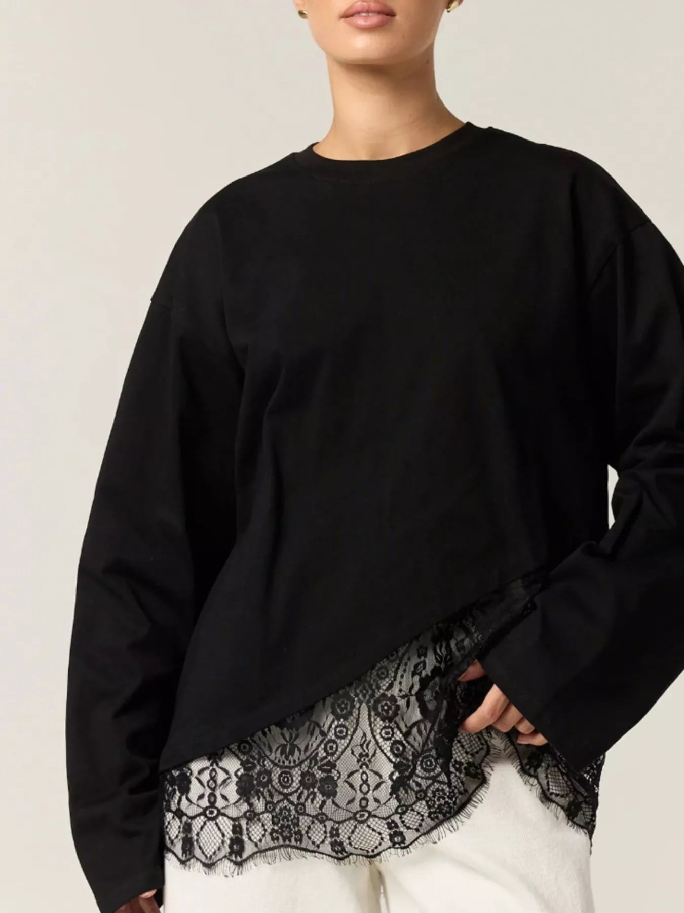 Trendsi Long-Sleeve T-Shirt with Asymmetric Lace Hem -