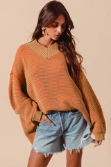 Trendsi SO ME Oversized Two Tone Textured V Neck Sweater -