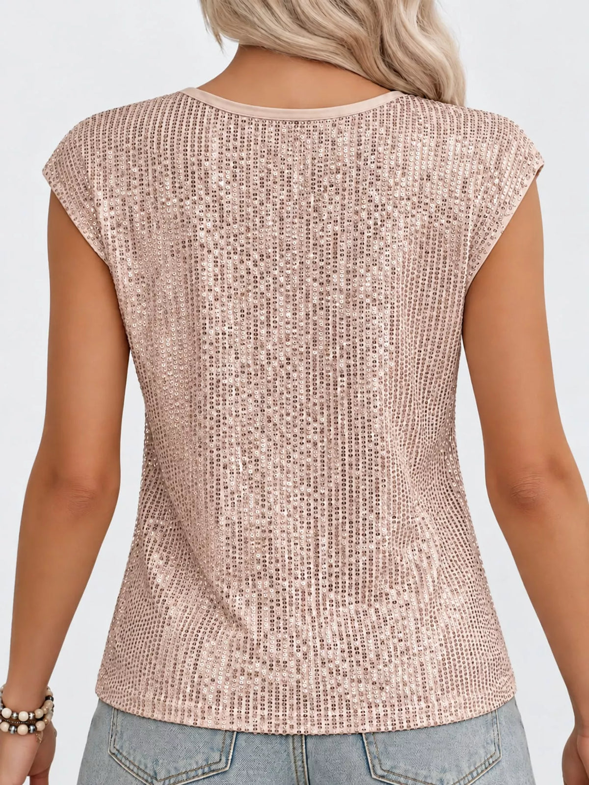 Champagne sequin round neck tank, back view