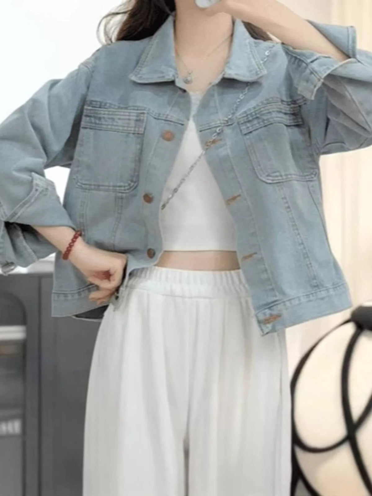 Button-Up Dropped Shoulder Denim Jacket — front view