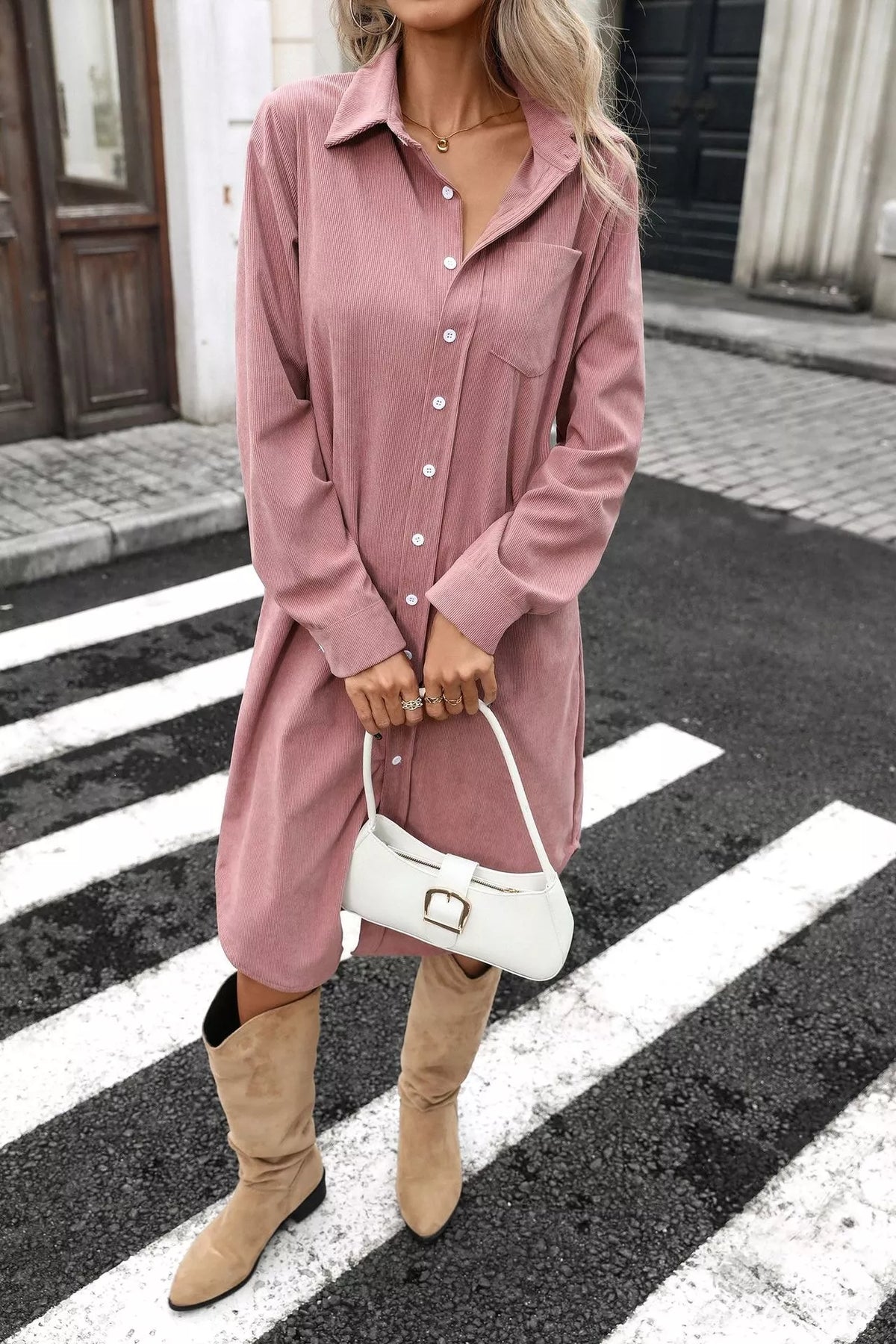 Trendsi Corduroy Shirt Dress with Button-Down Front -