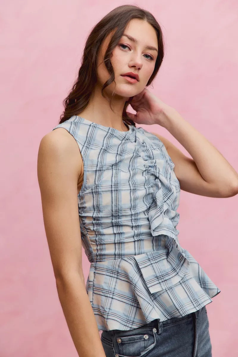 Women's Plaid Sleeveless Ruffle Peplum Top Blue And White Cotton — product view 4
