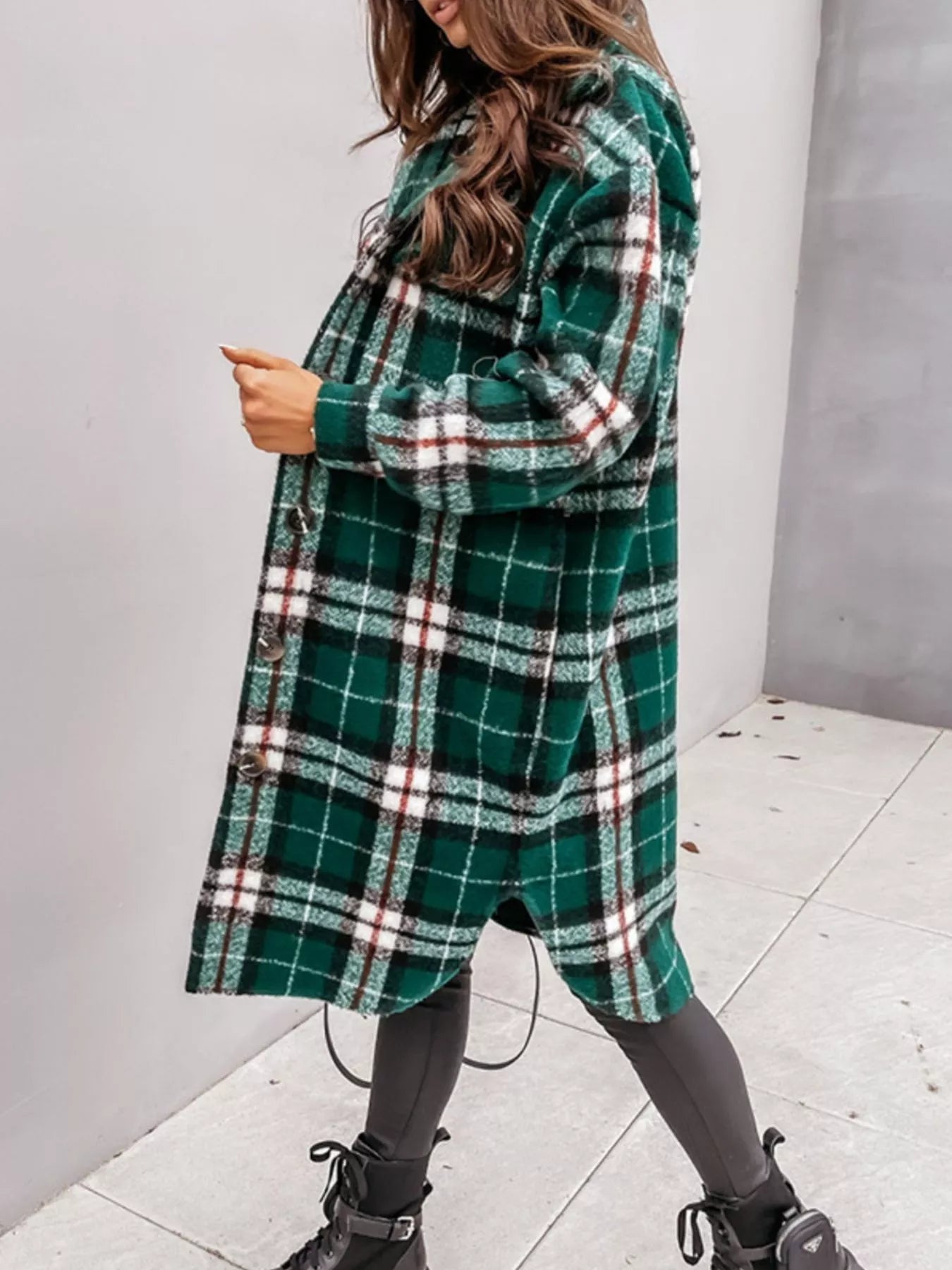 Trendsi Longline Plaid Button Up Coat -