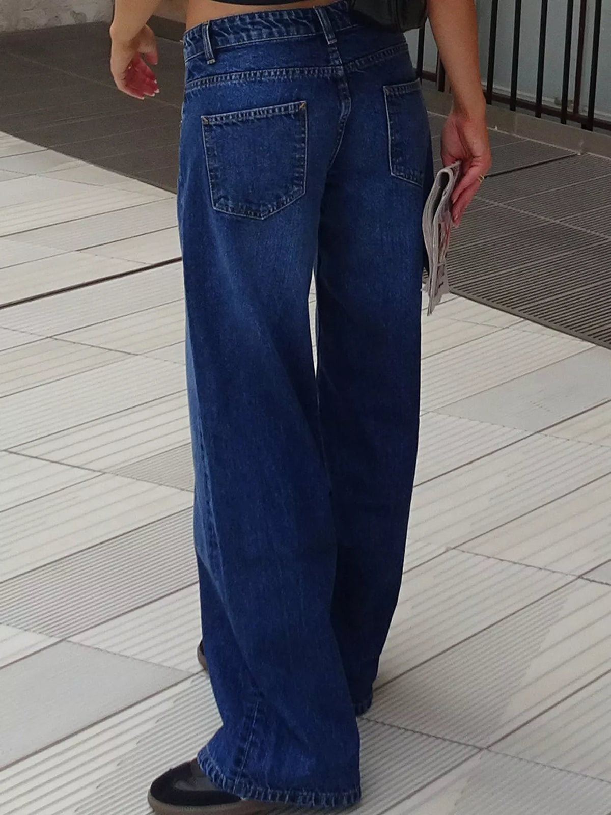 Wide-Leg Vintage Wash Jeans in dark blue, back view
