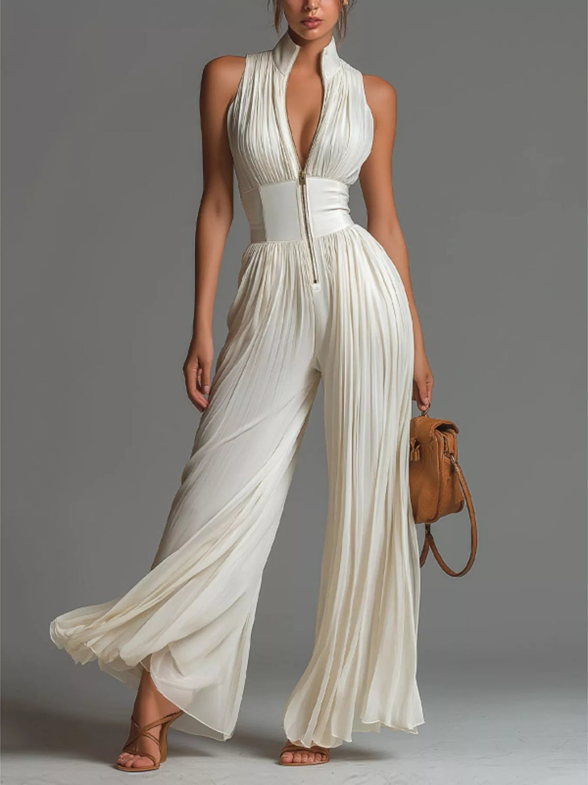 Trendsi Sleeveless Pleated Wide-Leg Jumpsuit with Front Zipper -