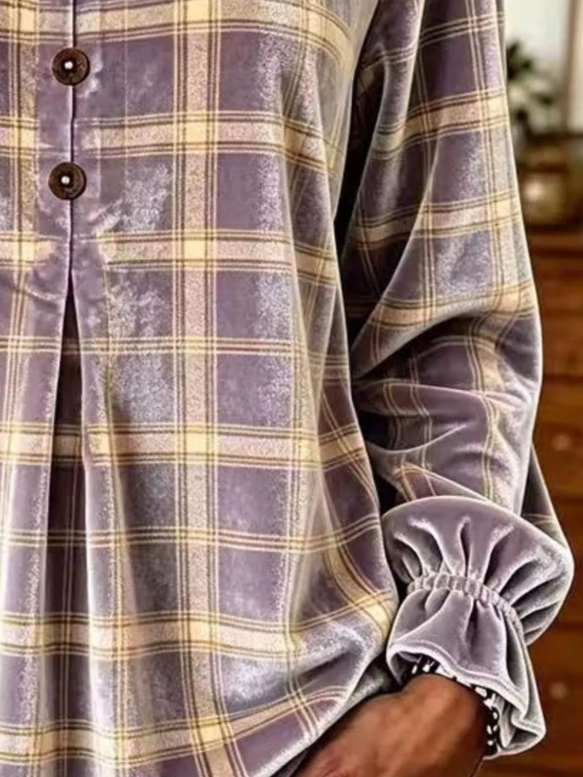 Purple plaid velvet balloon-sleeve blouse, cuff and button detail