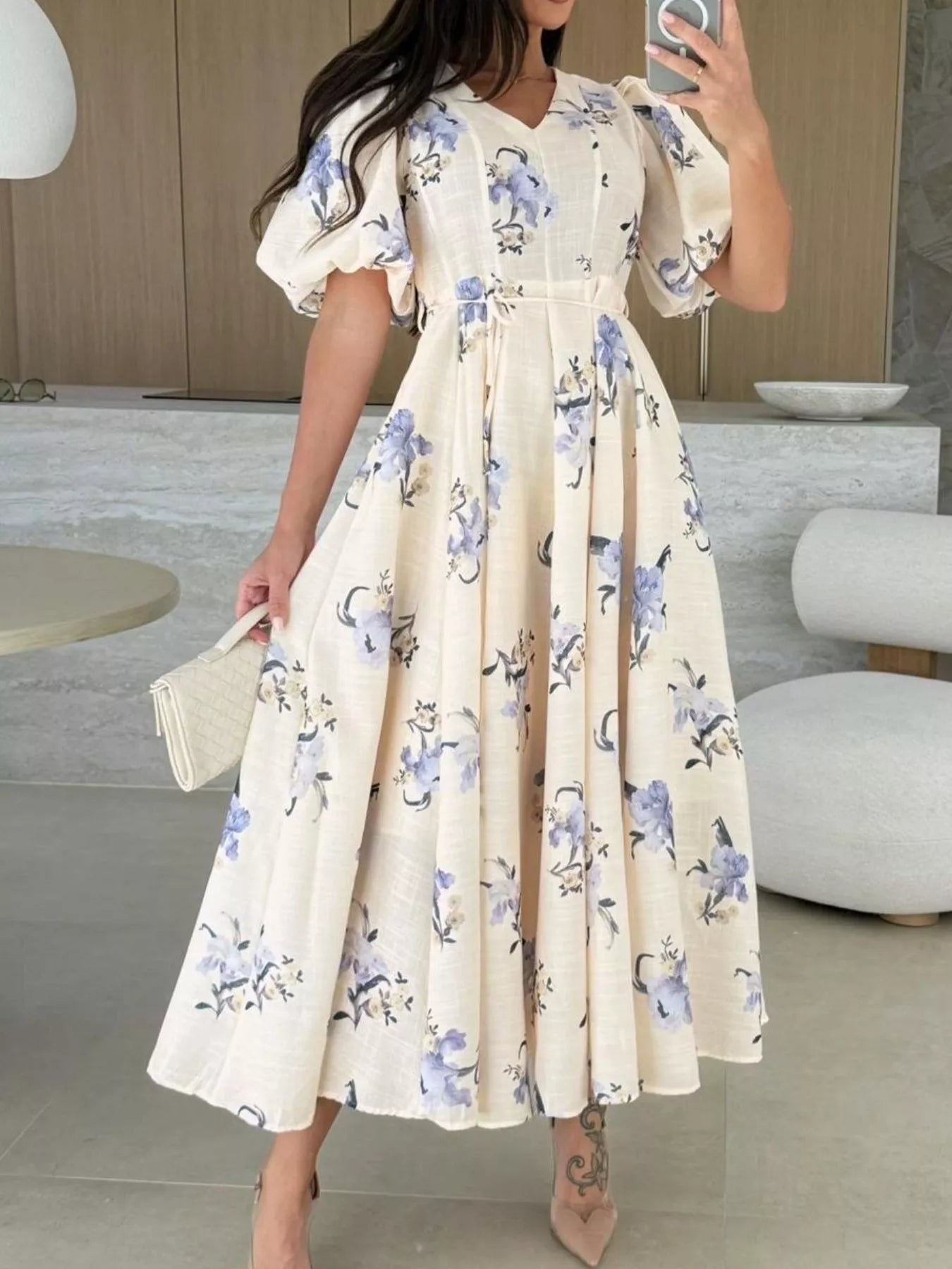 Trendsi Floral Puff Sleeve Midi Dress -