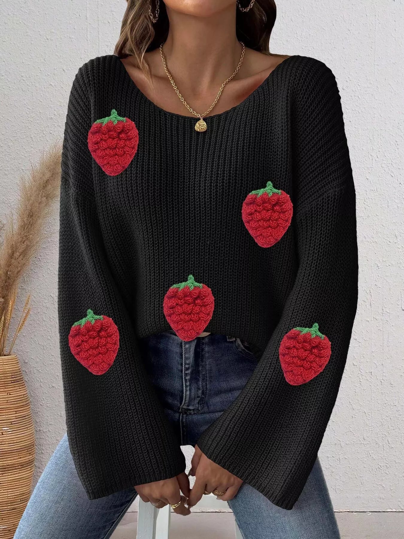Trendsi Strawberry Applique Oversized Sweater -