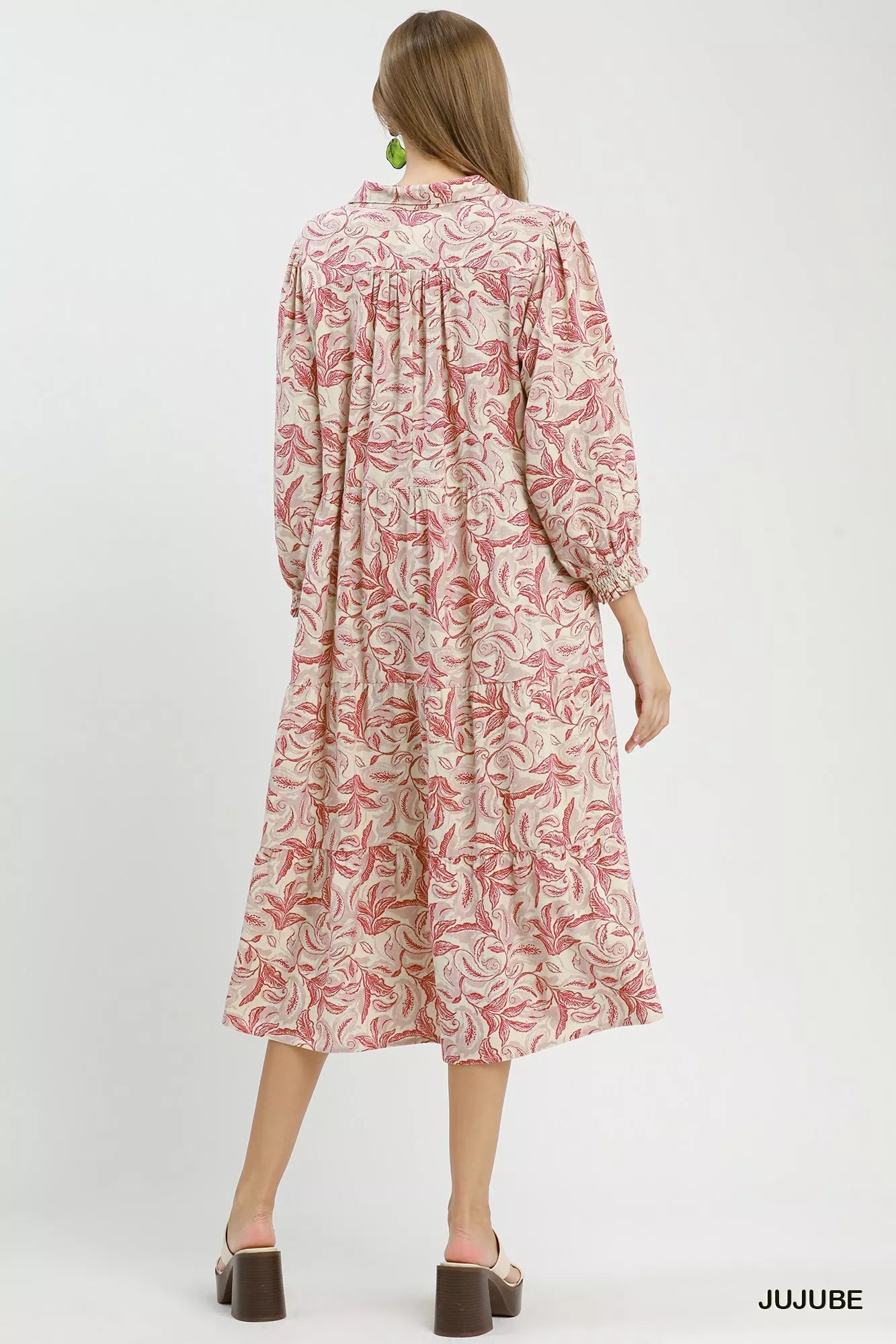 Trendsi Umgee Linen Botanical Print Tiered Midi Dress -