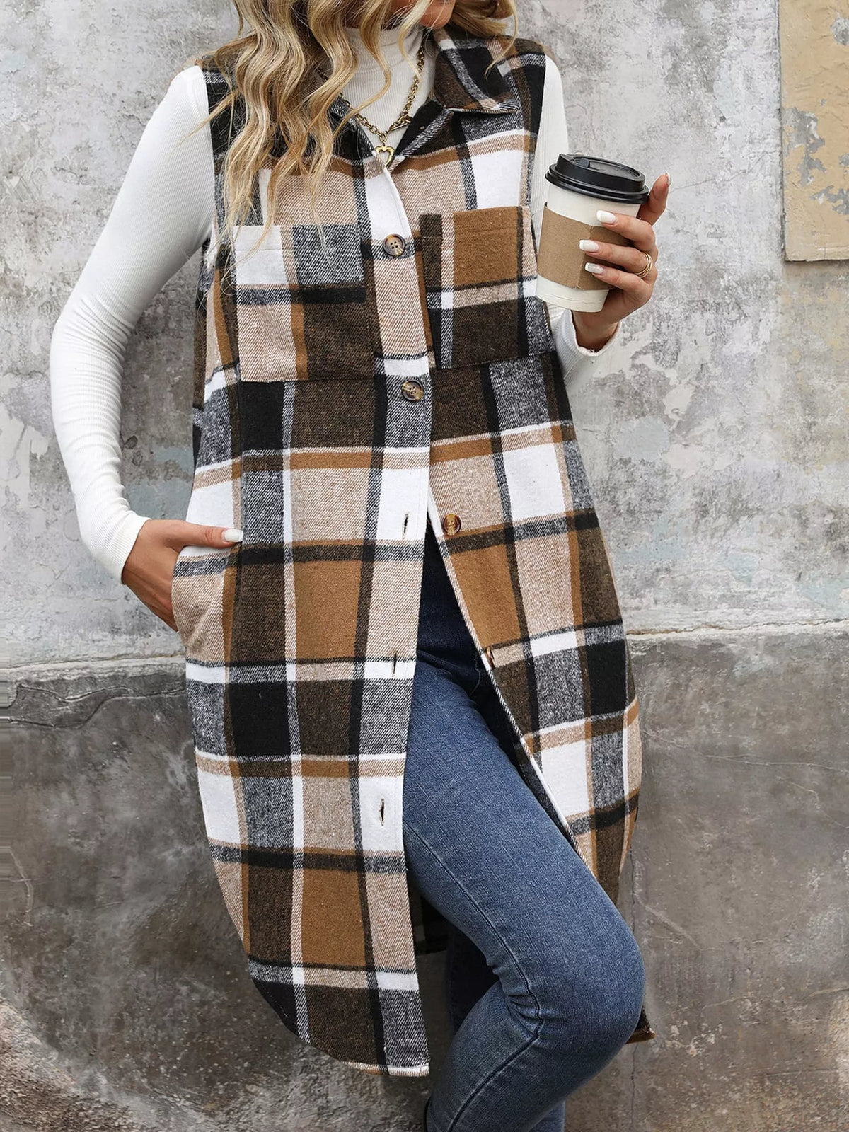 Longline Plaid Button-Down Vest Coat in brown, black and white