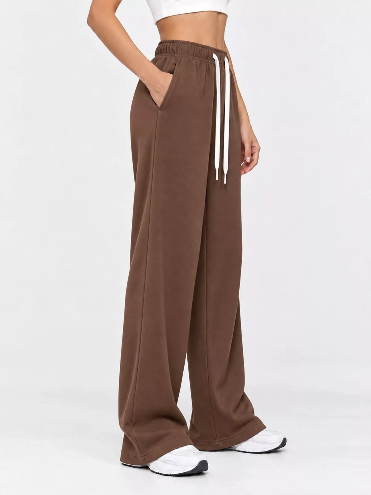 Brown wide-leg pants with drawstring