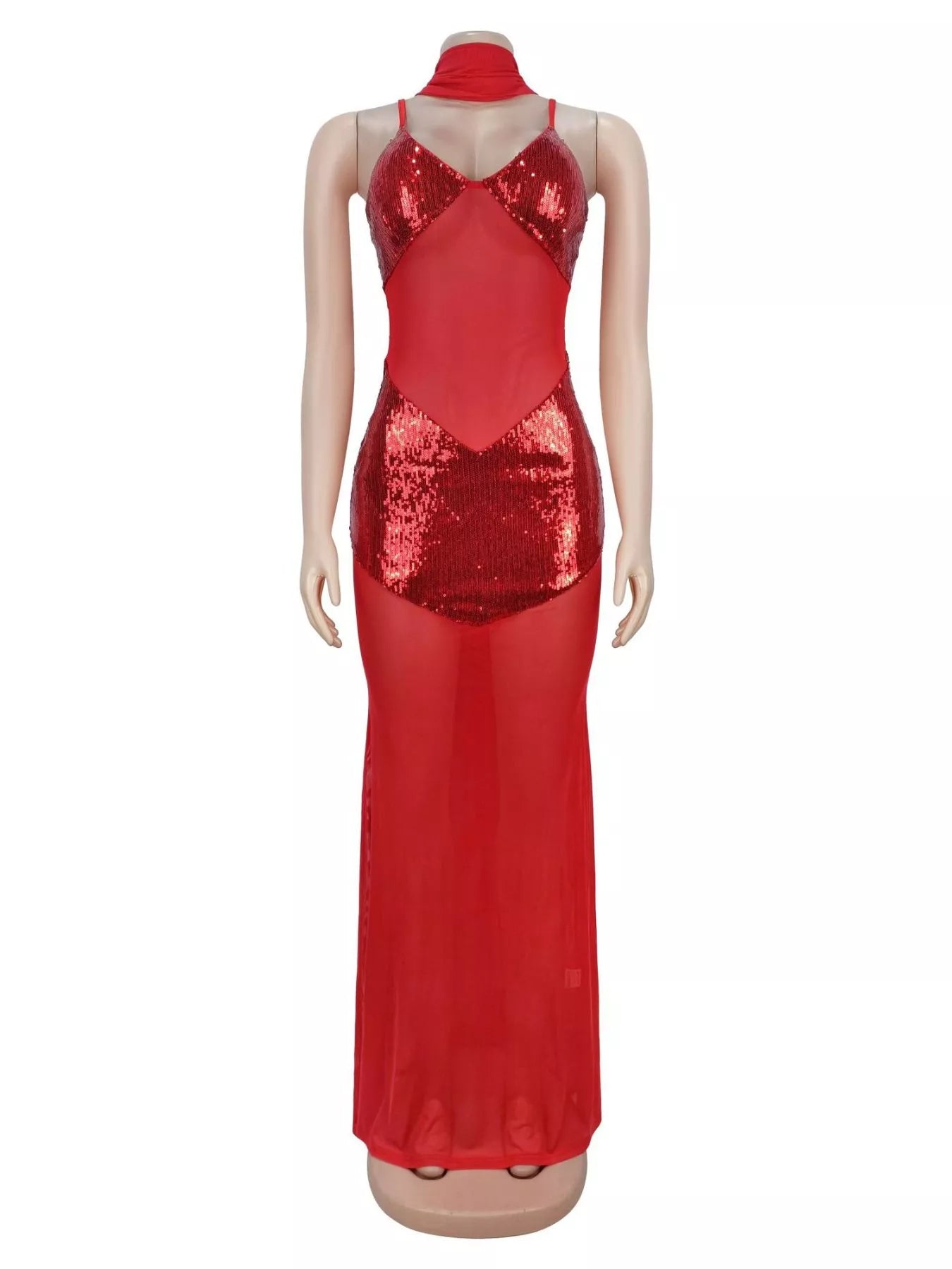 Trendsi Sequin V-Neck Sheer Mesh Maxi Dress -