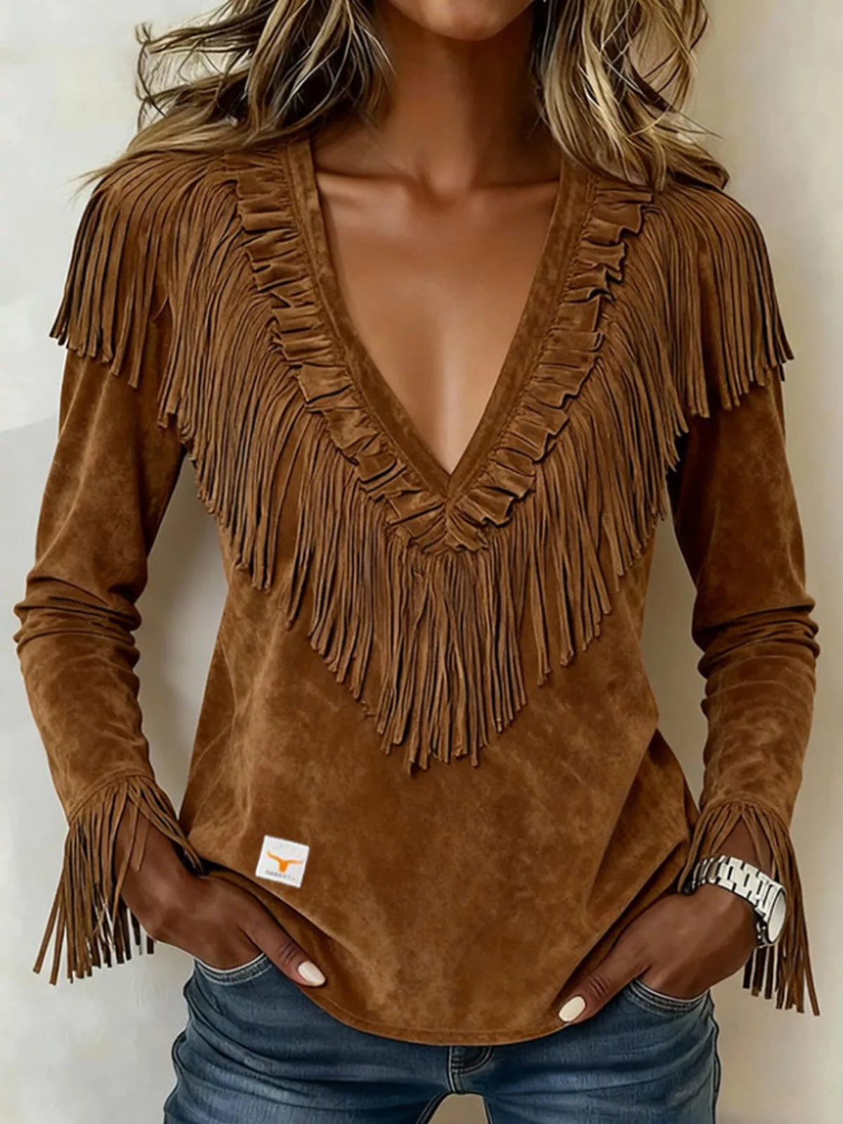 Fringed V-Neck Blouse in brown, front view