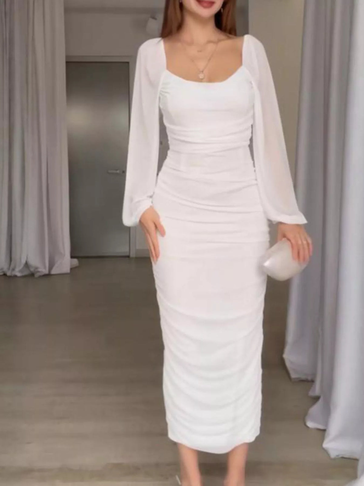 Trendsi Ruched Sheer Long Sleeve Dress -