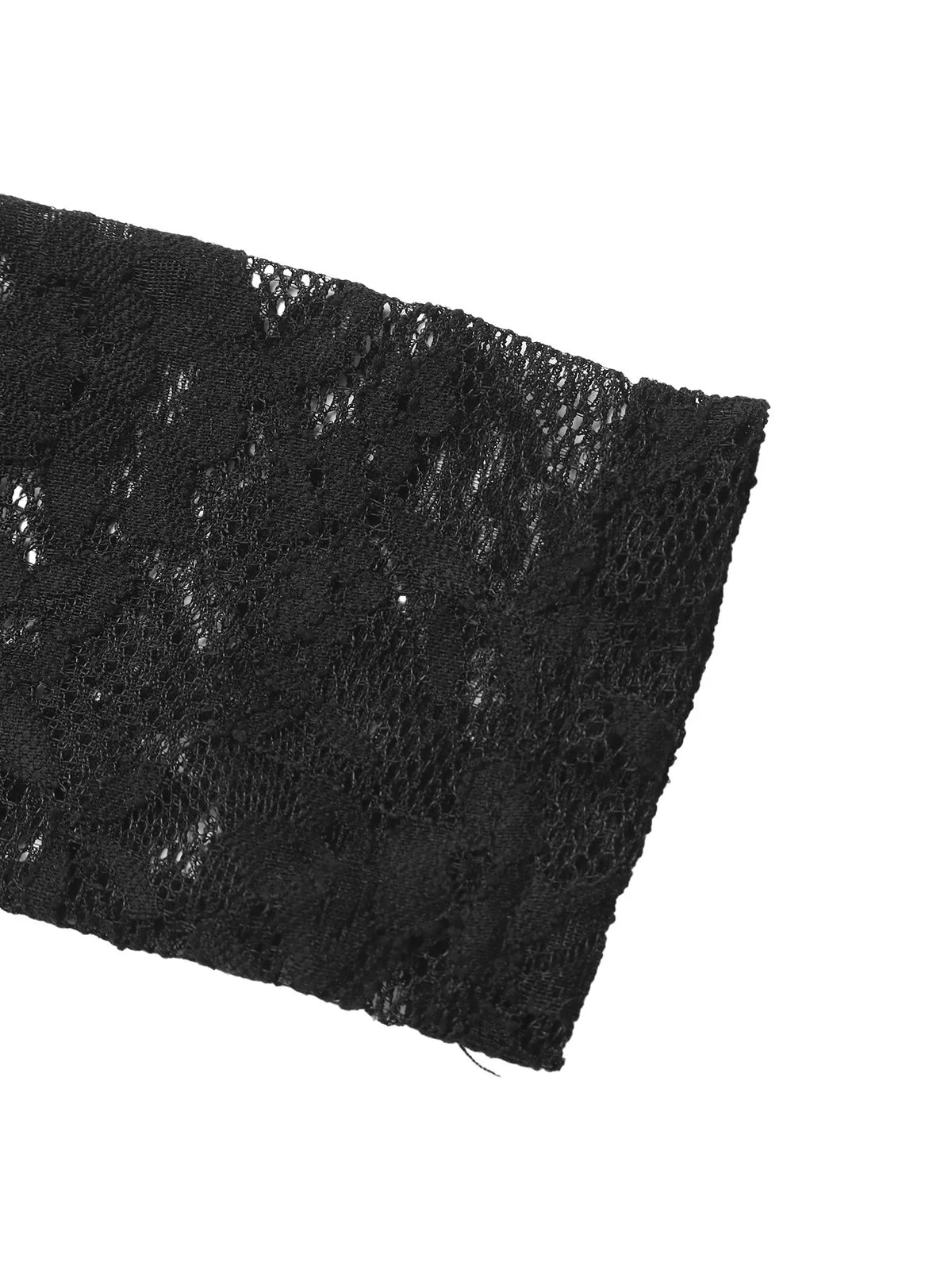 Black lace-sleeve draped bodysuit, lace cuff detail