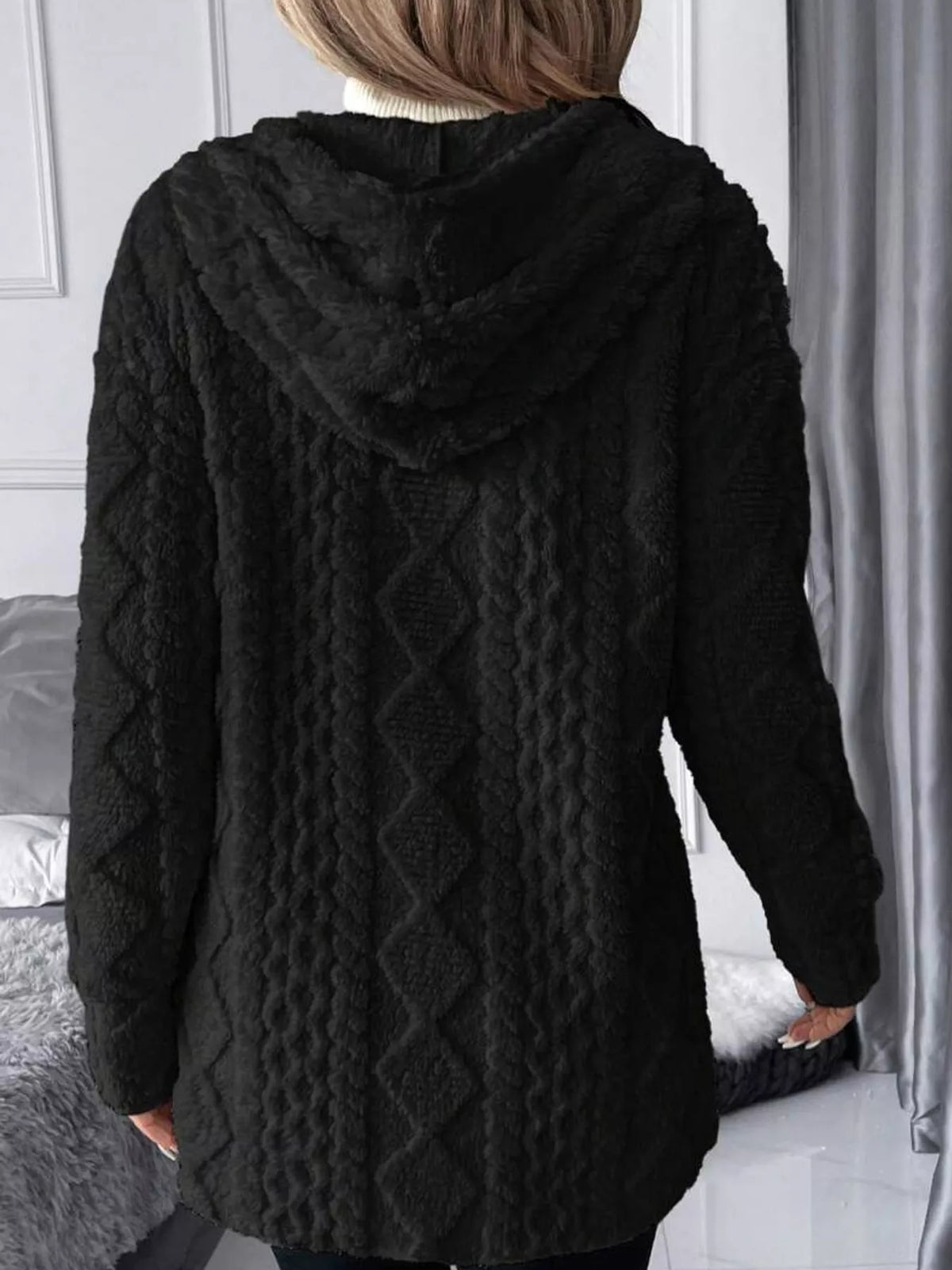 Cable Knit Zip-Up Hooded Cardigan, back view in black