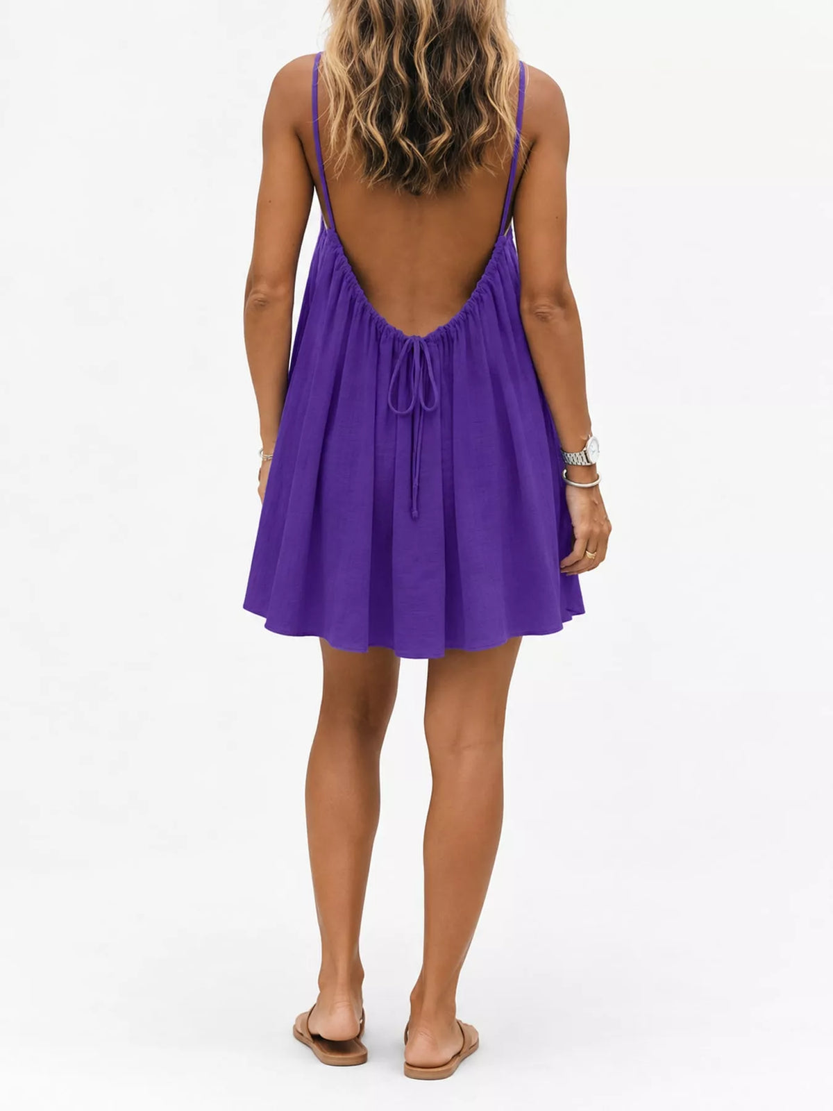 Purple spaghetti strap A-line mini dress with open tie back, open back view