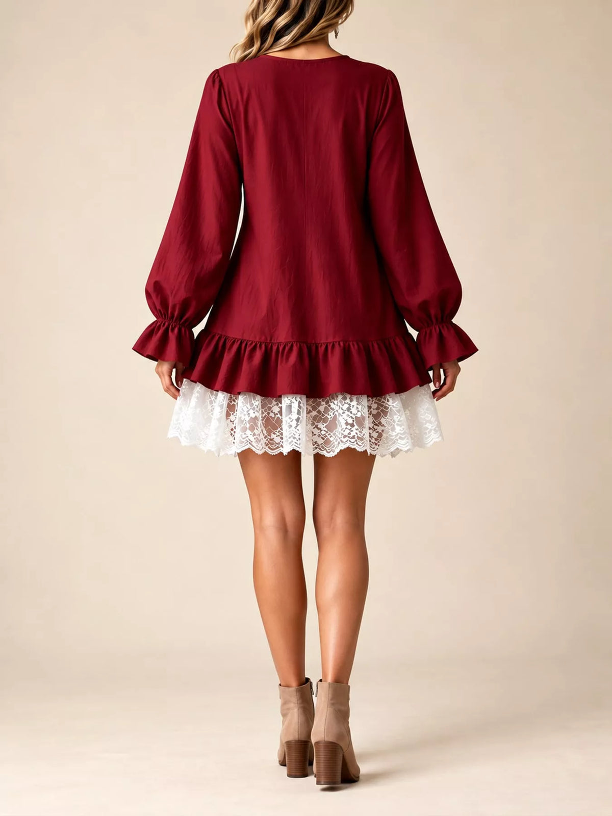 Lace-hem dress, burgundy back