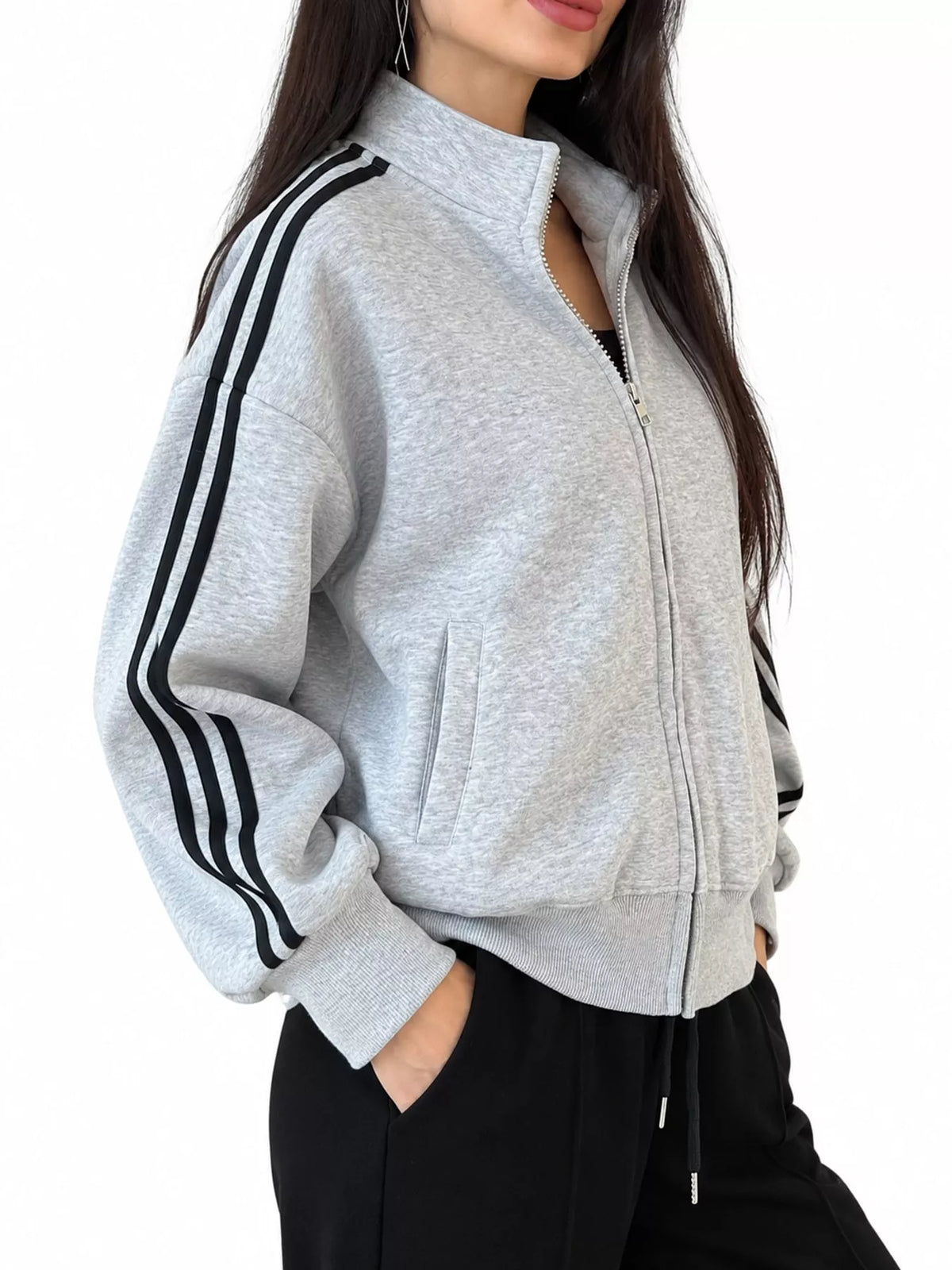 Gray side stripes zip-up sweatshirt — side view