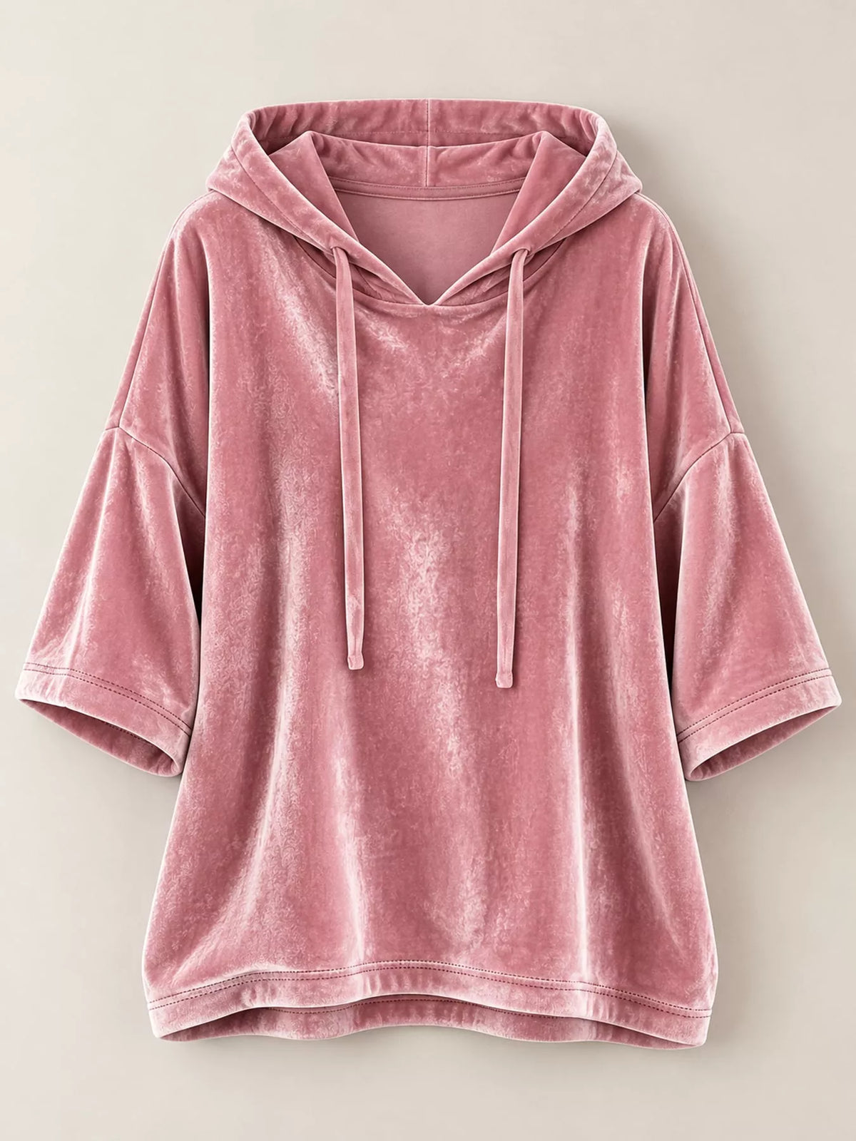 Pink velvet half sleeve hoodie with drawstring