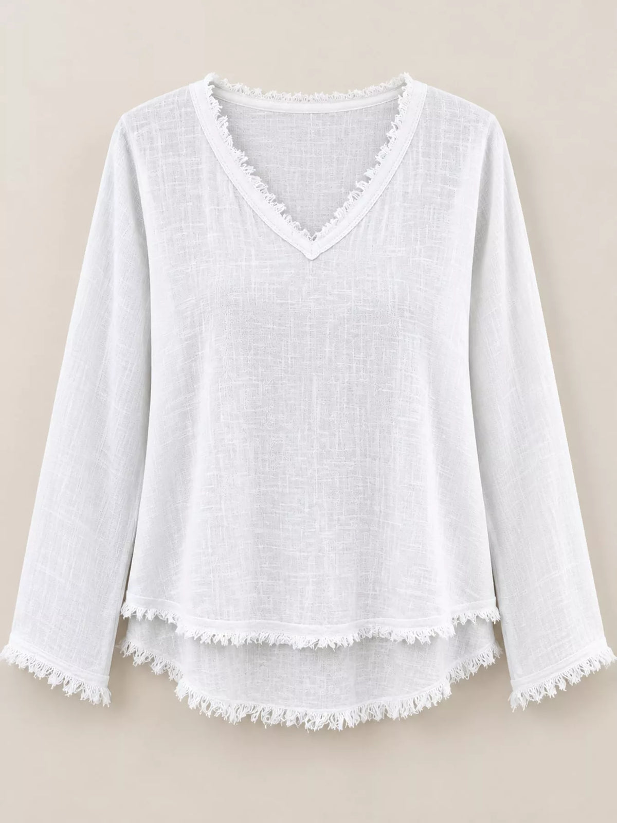 Frayed V-neck blouse, white flat lay