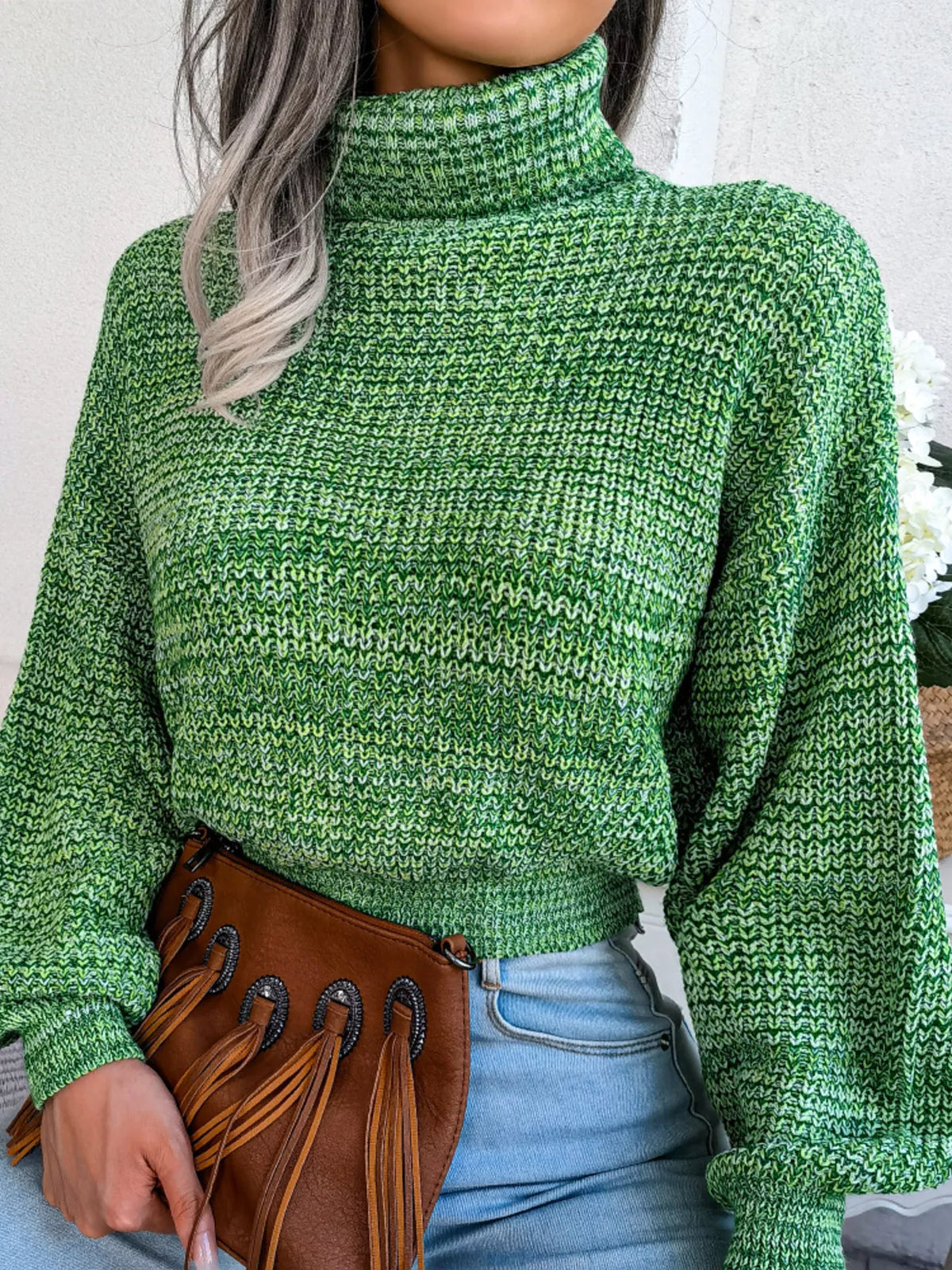 Turtleneck Dropped Shoulder Sweater in green, front view