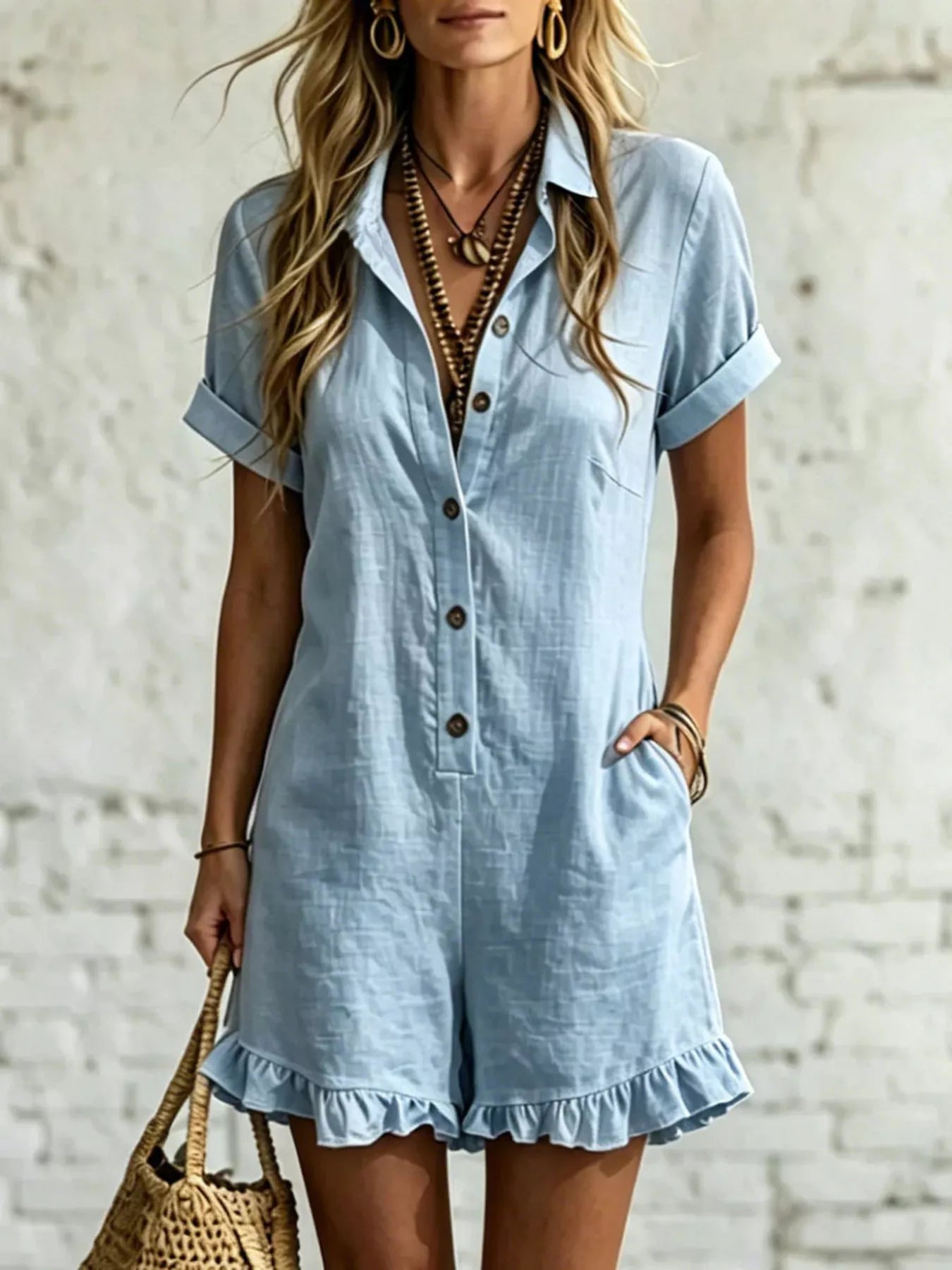 Trendsi Full Size Button Front Ruffled Hem Romper Plus Size -