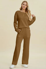 Trendsi Double Take Full Size Cable-Knit Long Sleeve Top and Pants Set -