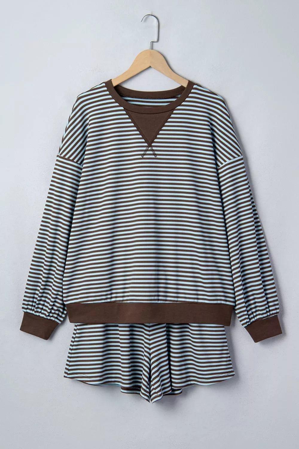 Trendsi Stripe Oversized Long Sleeve Top Drawstring Loose Shorts 2pcs Set -