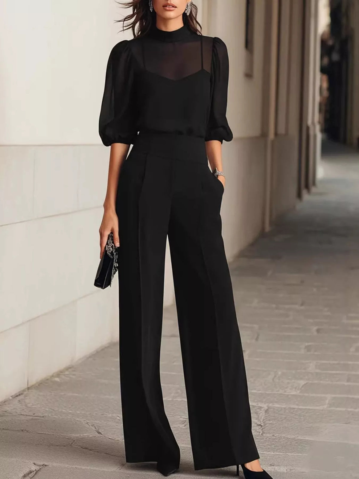 Women's Mock Neck Puff Sleeve Top and Wide Leg Pants Set in black — front view