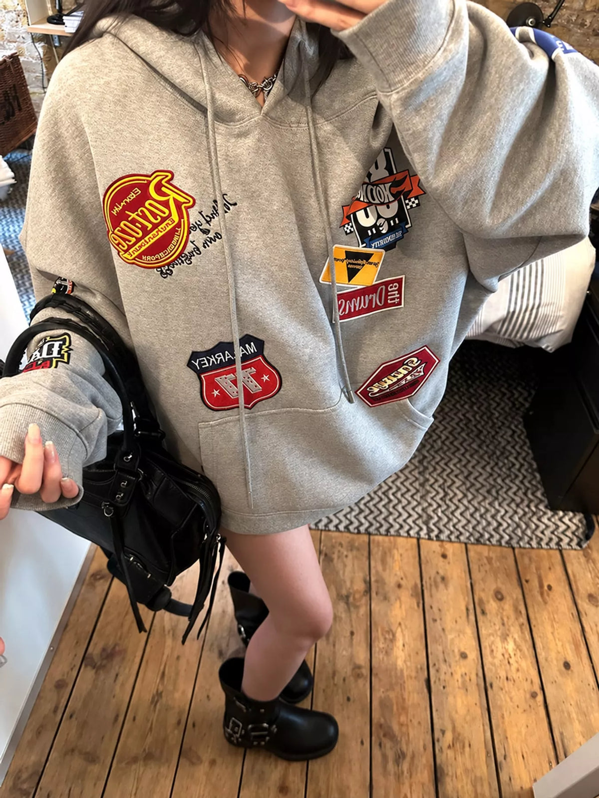 Drawstring Applique Hoodie in light heather gray, front view