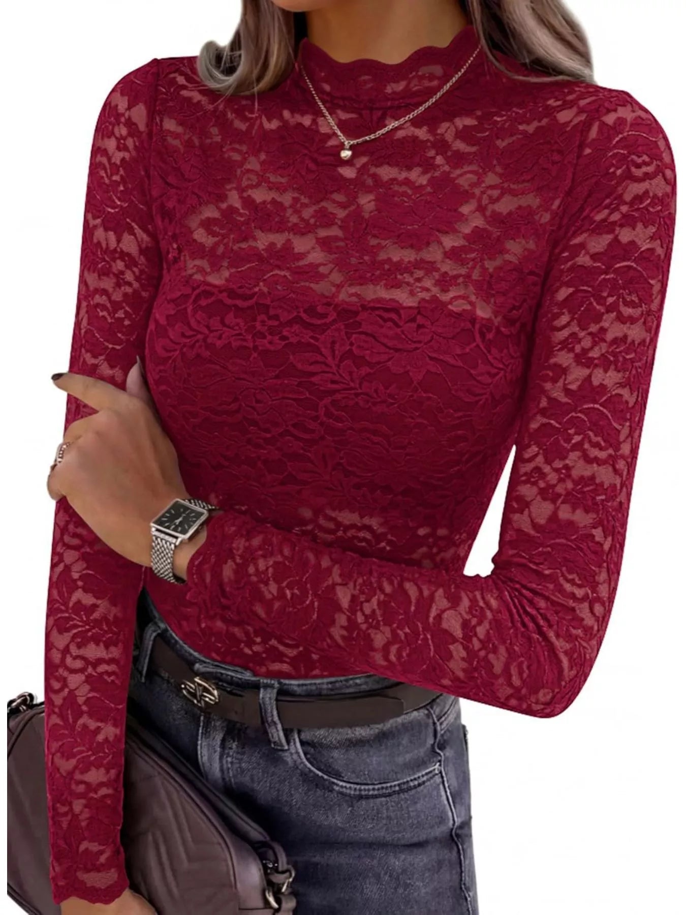 Trendsi Lace Mock Neck Long Sleeve Top -