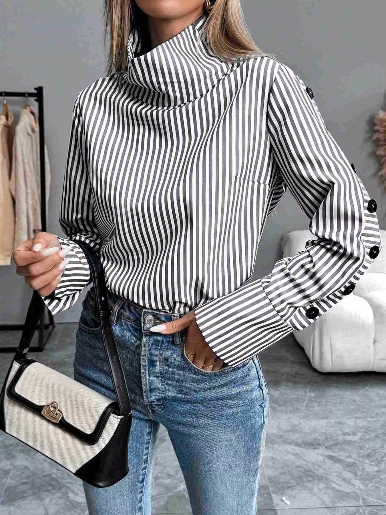 Trendsi Striped Turtleneck Long Sleeve Blouse -