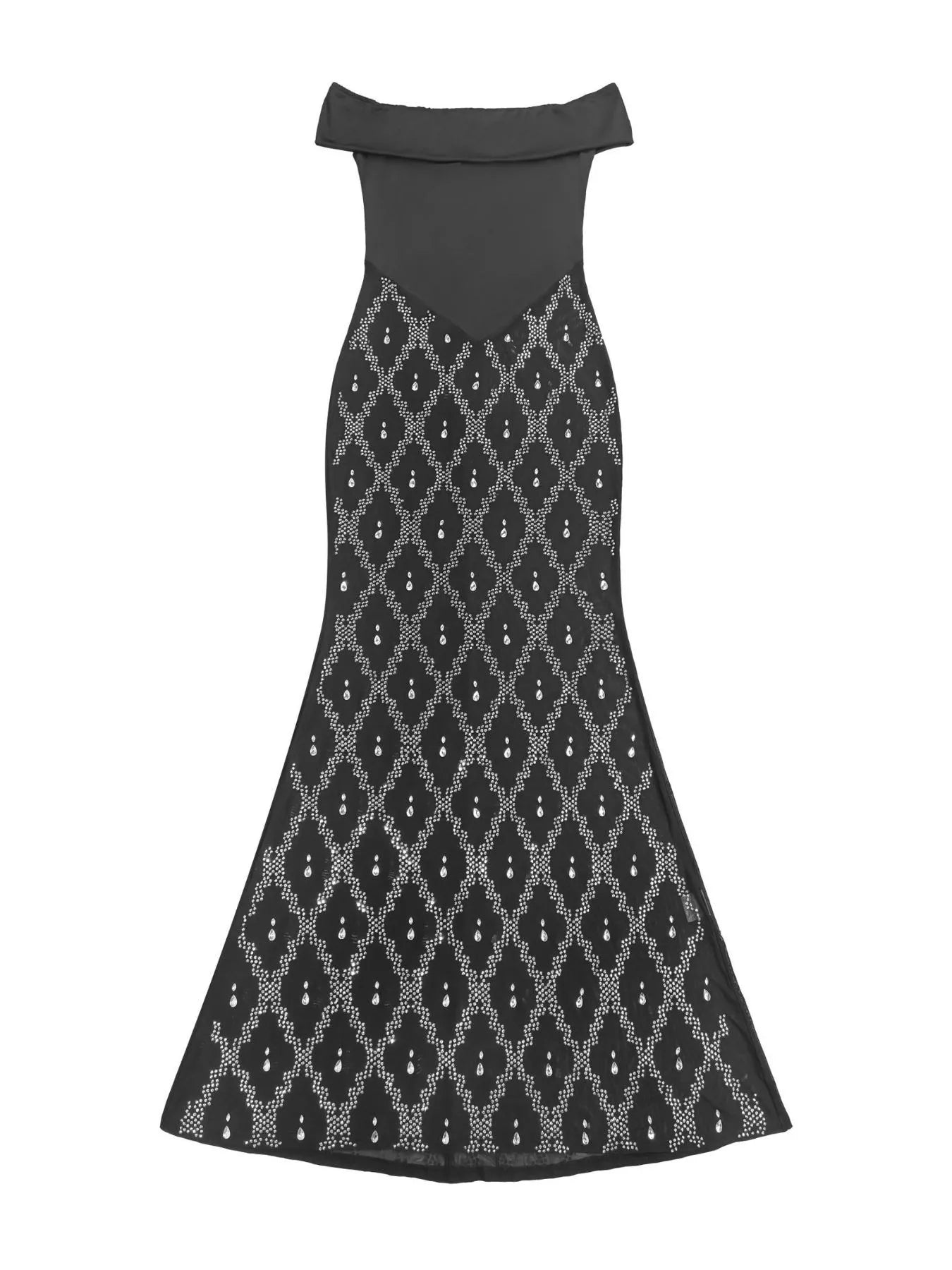 Trendsi Off-Shoulder Sheer Rhinestone Embellished Maxi Dress -