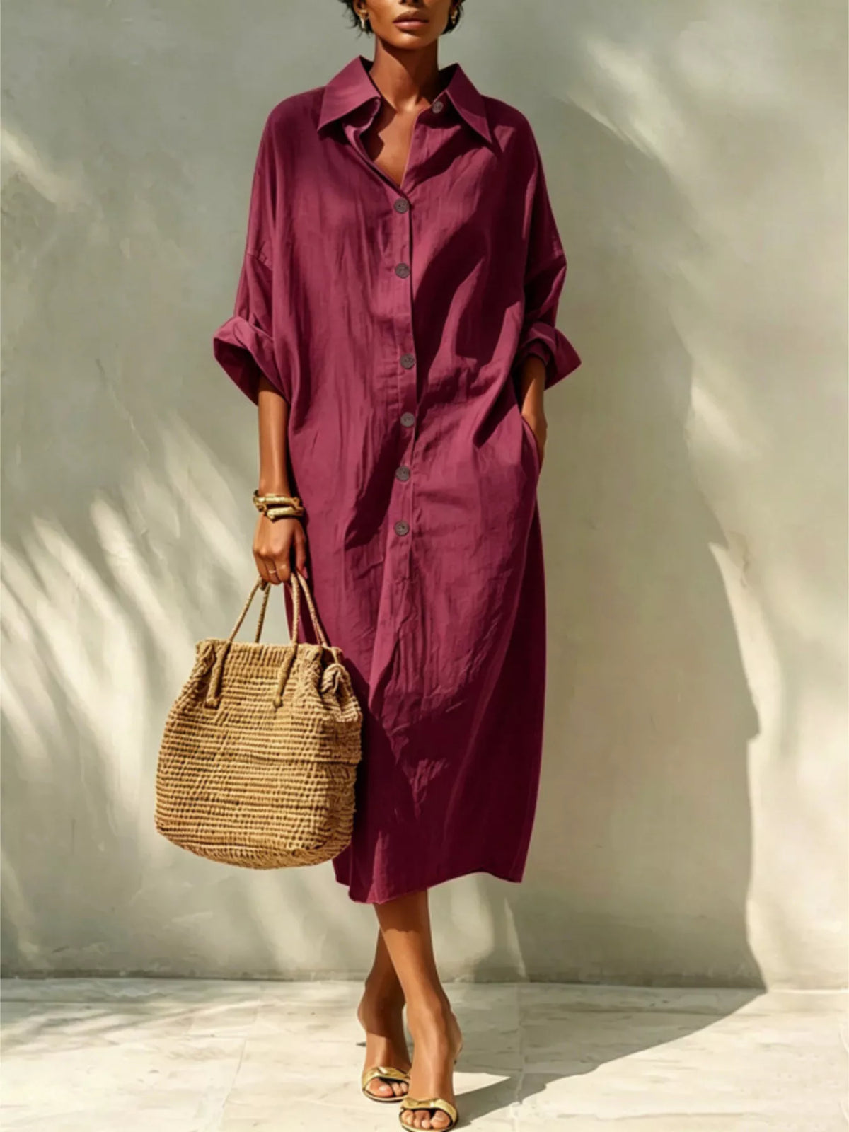 Burgundy button-down shirt dress