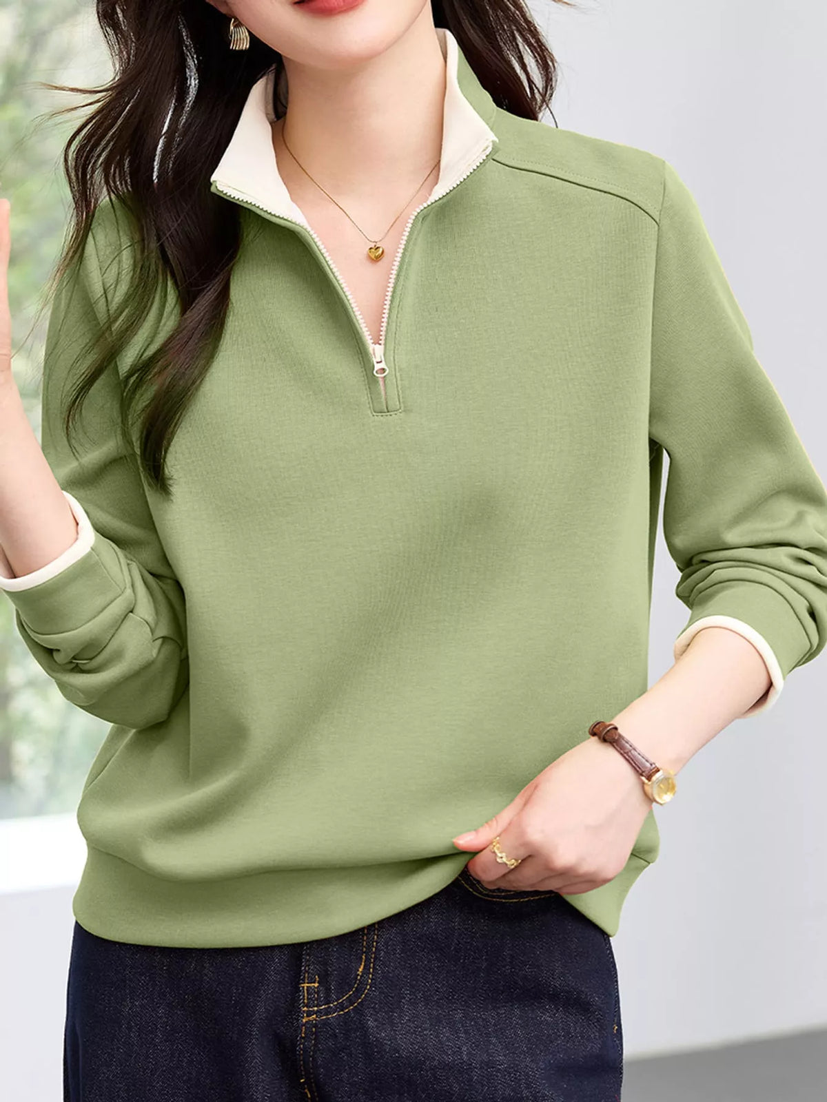 Quarter-Zip Sweatshirt with Contrast Collar in green