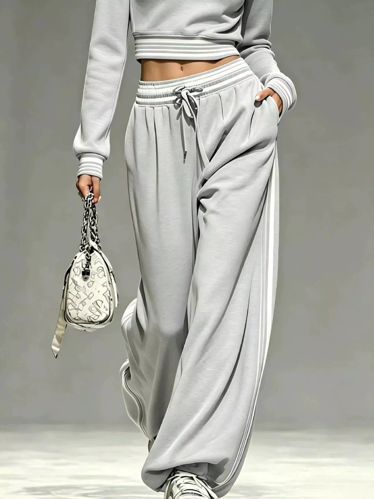 Gray half-zip crop top and pants set, pants detail