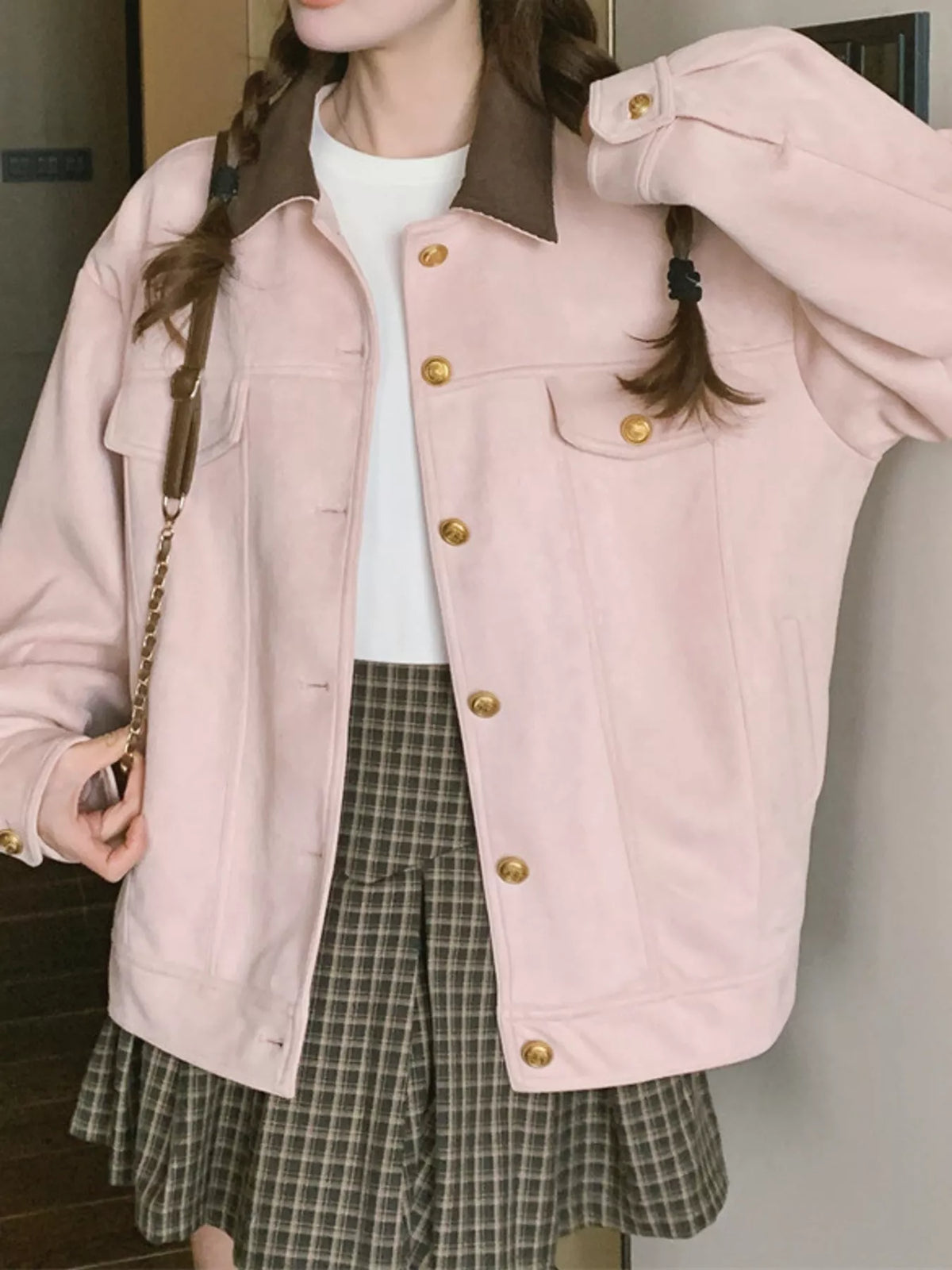Pink-5496-Lined button up dropped shoulder jacket