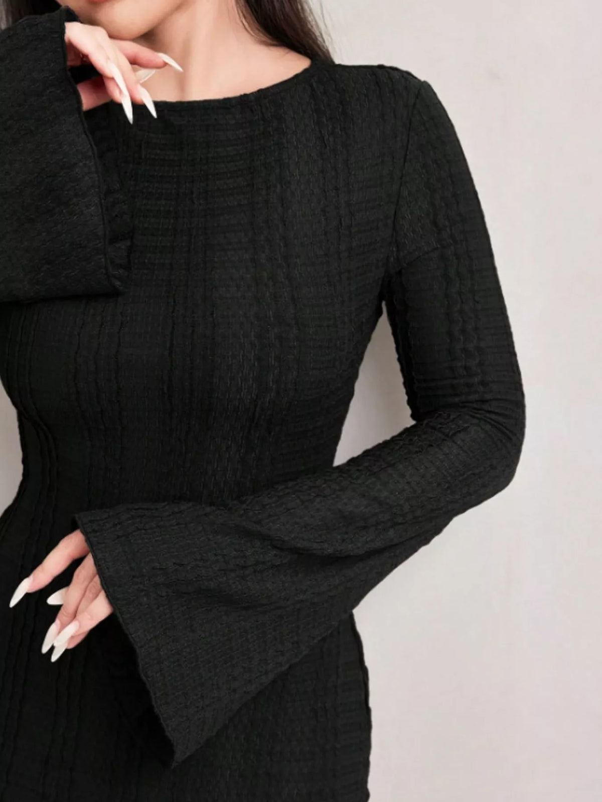 Textured Flare Sleeve Bodycon Maxi Dress, detail view in black