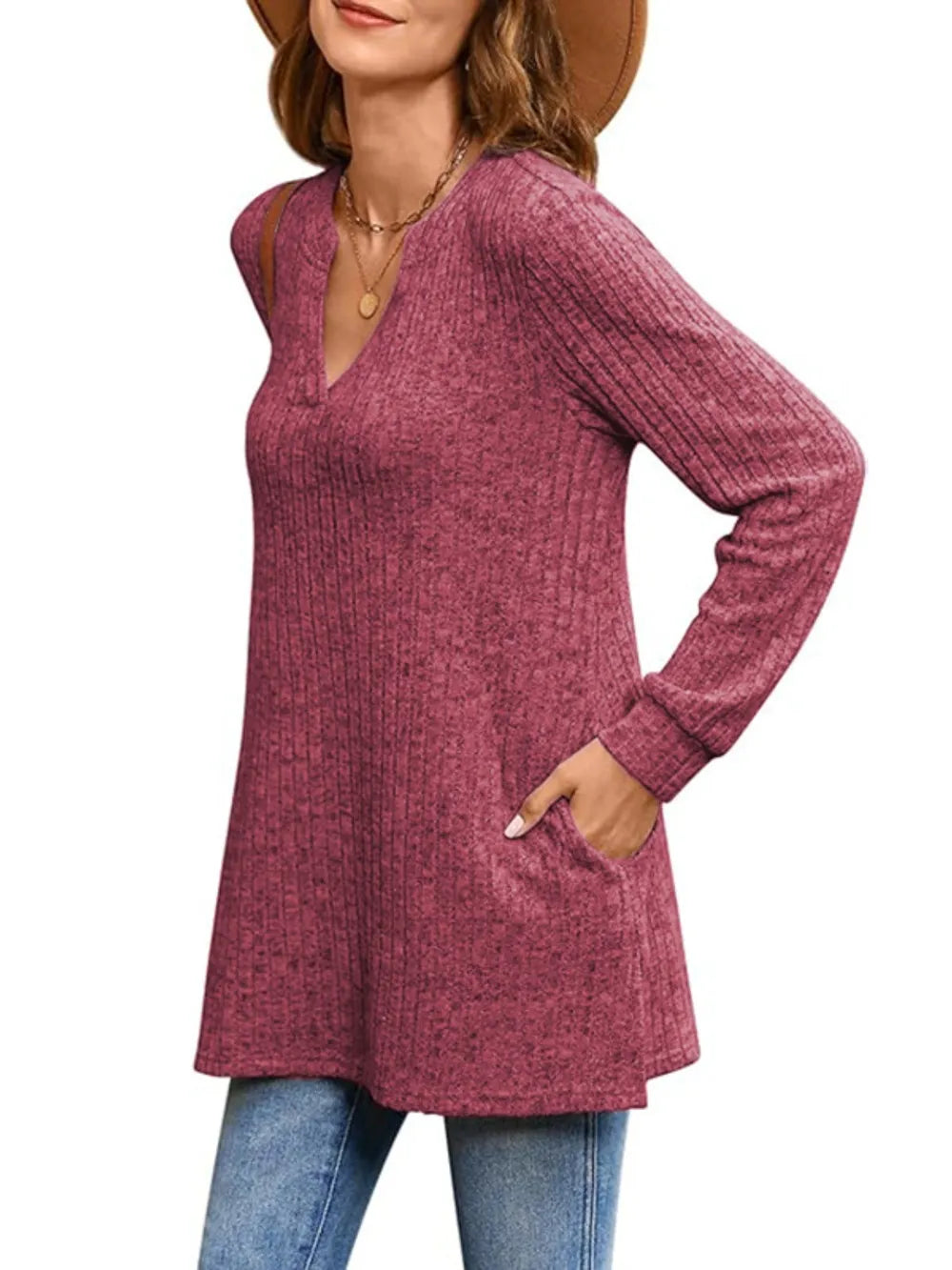 Trendsi Ribbed Notched Long Sleeve T-Shirt -