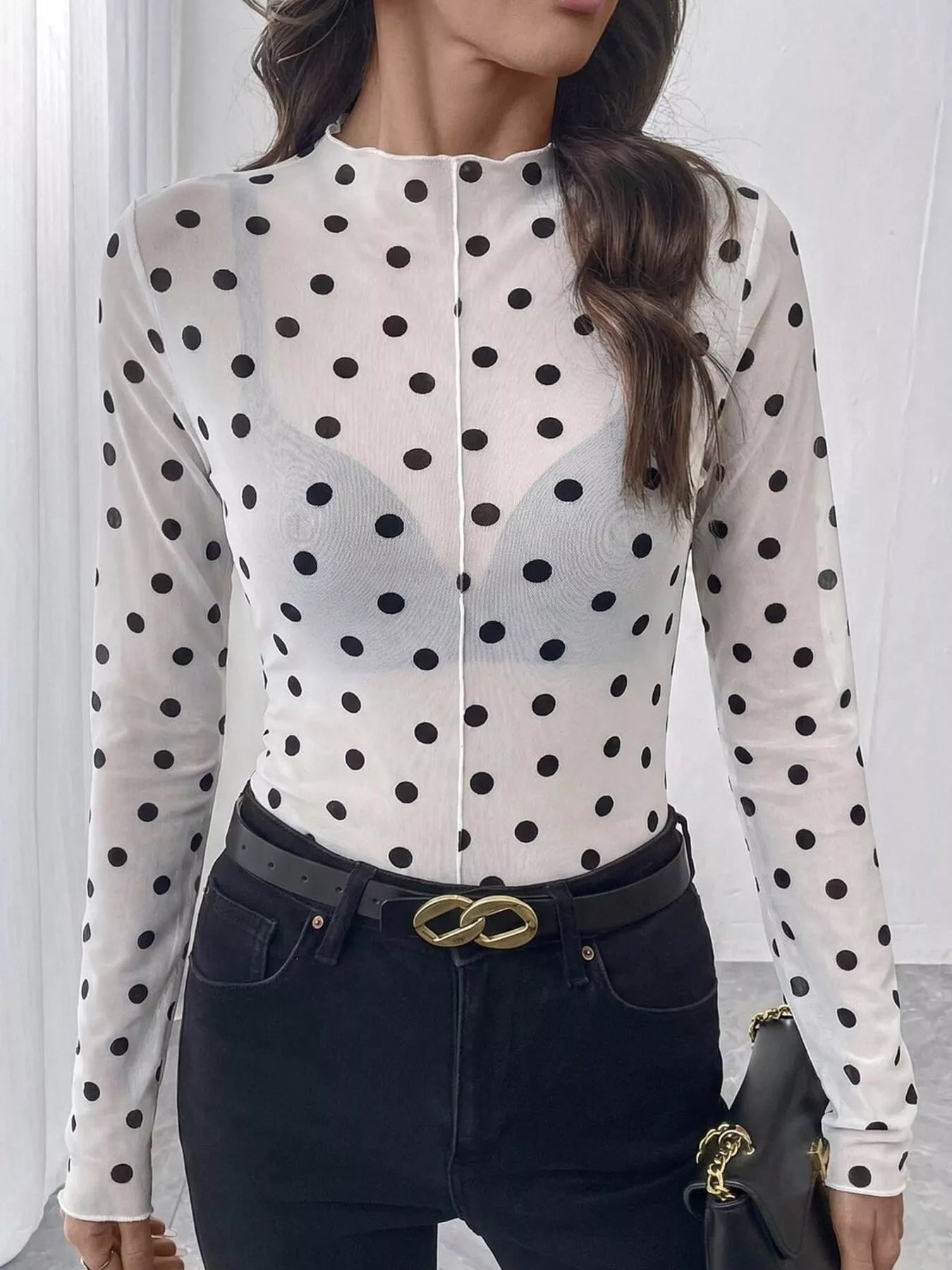 Trendsi Sheer Polka Dot Long Sleeve Mock Neck Top -