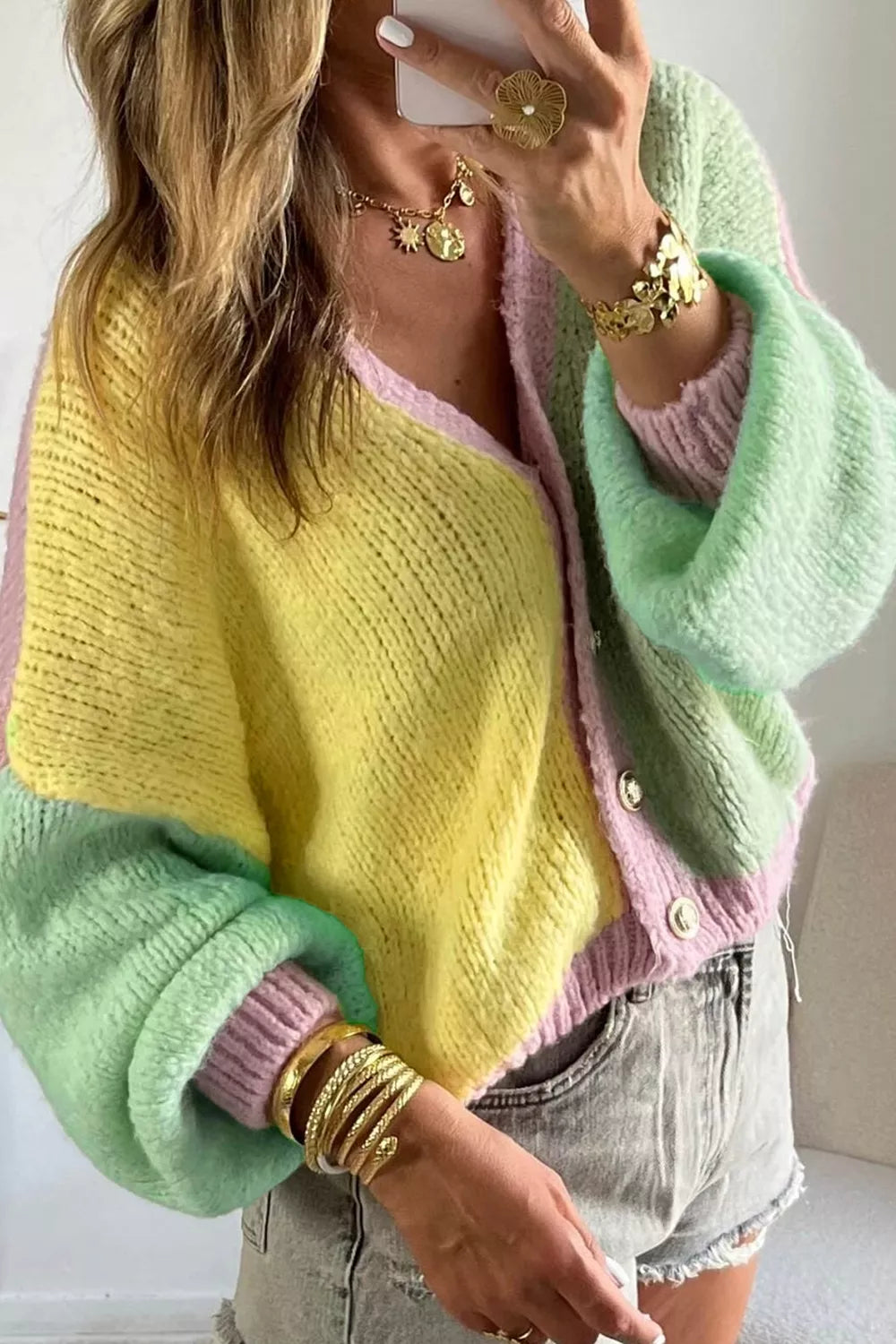 Trendsi V Neck Drop Shoulder Patchwork Regular Wash Knitwear Cardigan -