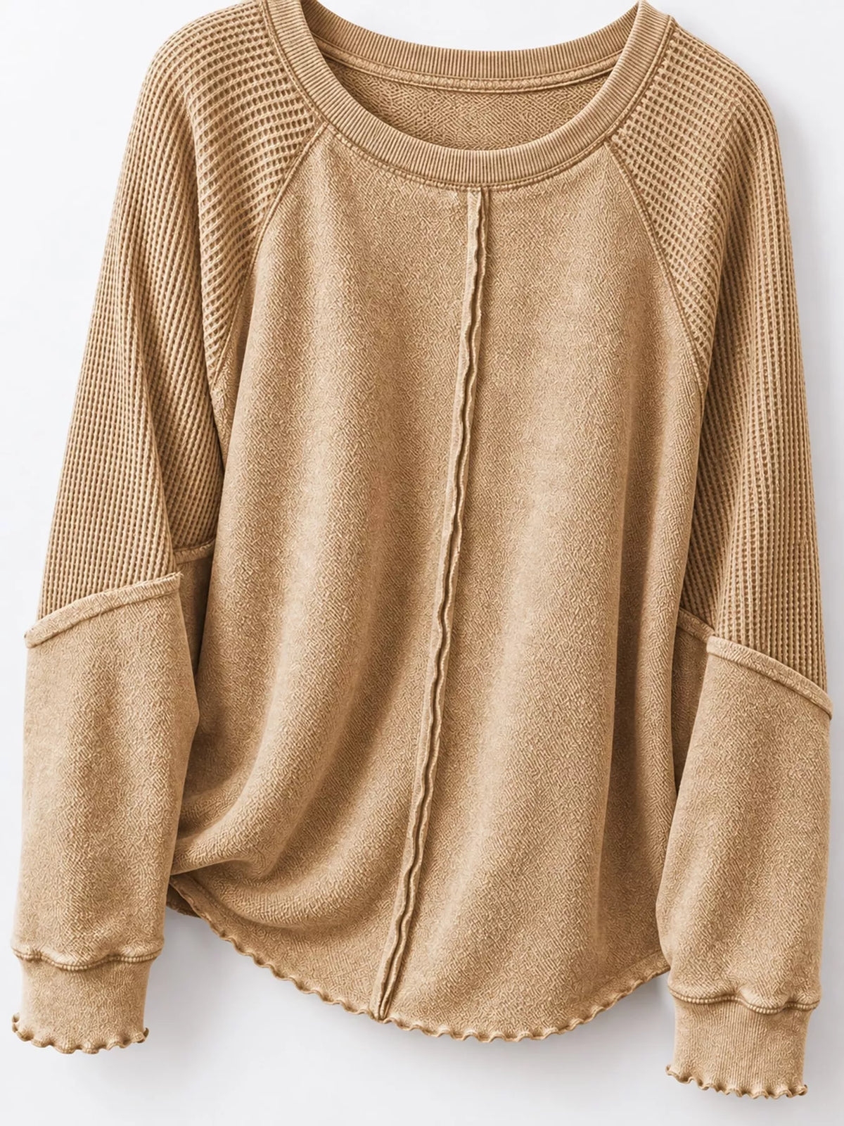 Waffle-knit sweatshirt, tan flat front