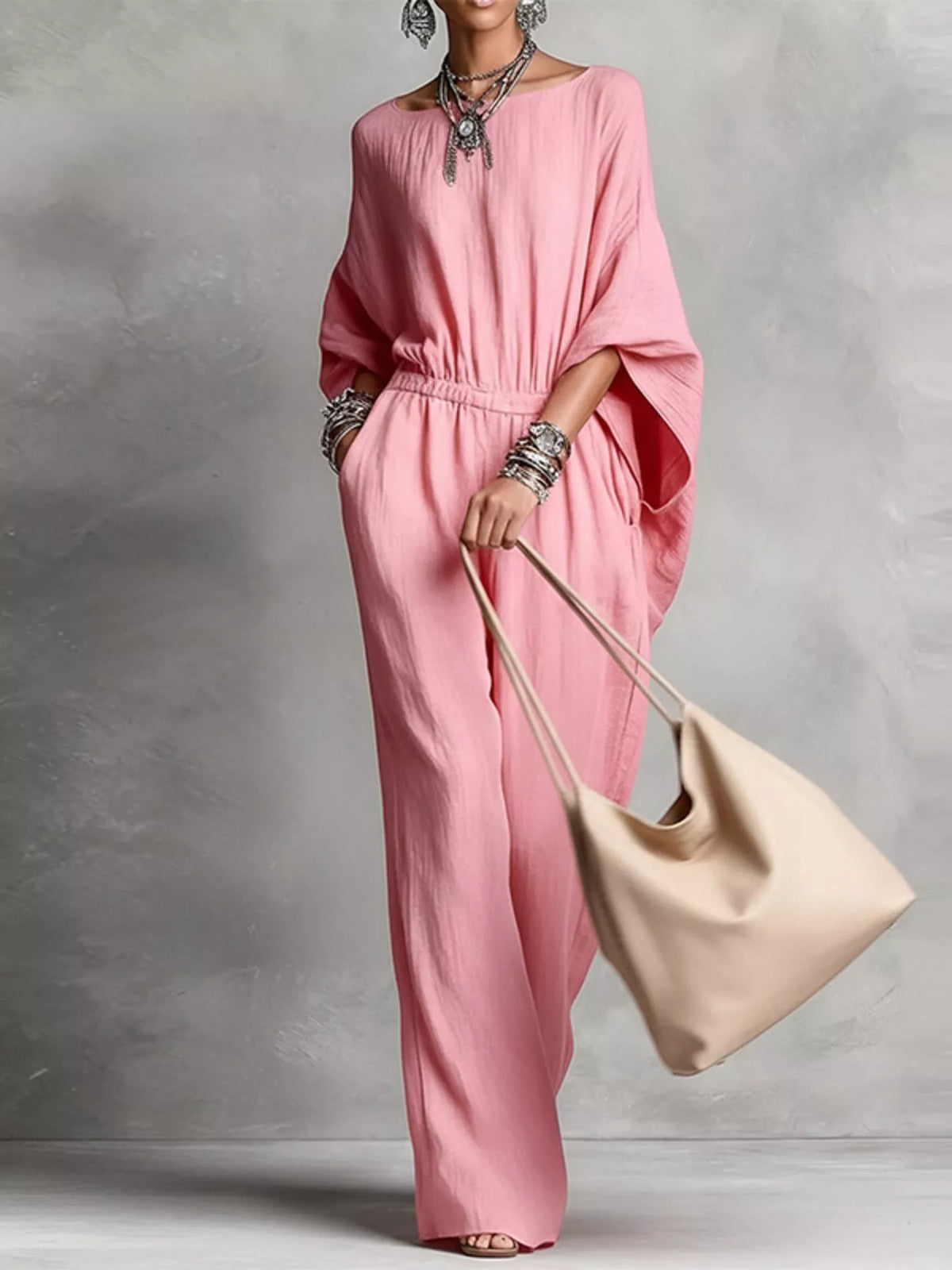 Boat-neck batwing-sleeve wide-leg jumpsuit
