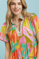 Trendsi Umgee Abstract Tropical Print Tiered Midi Dress -