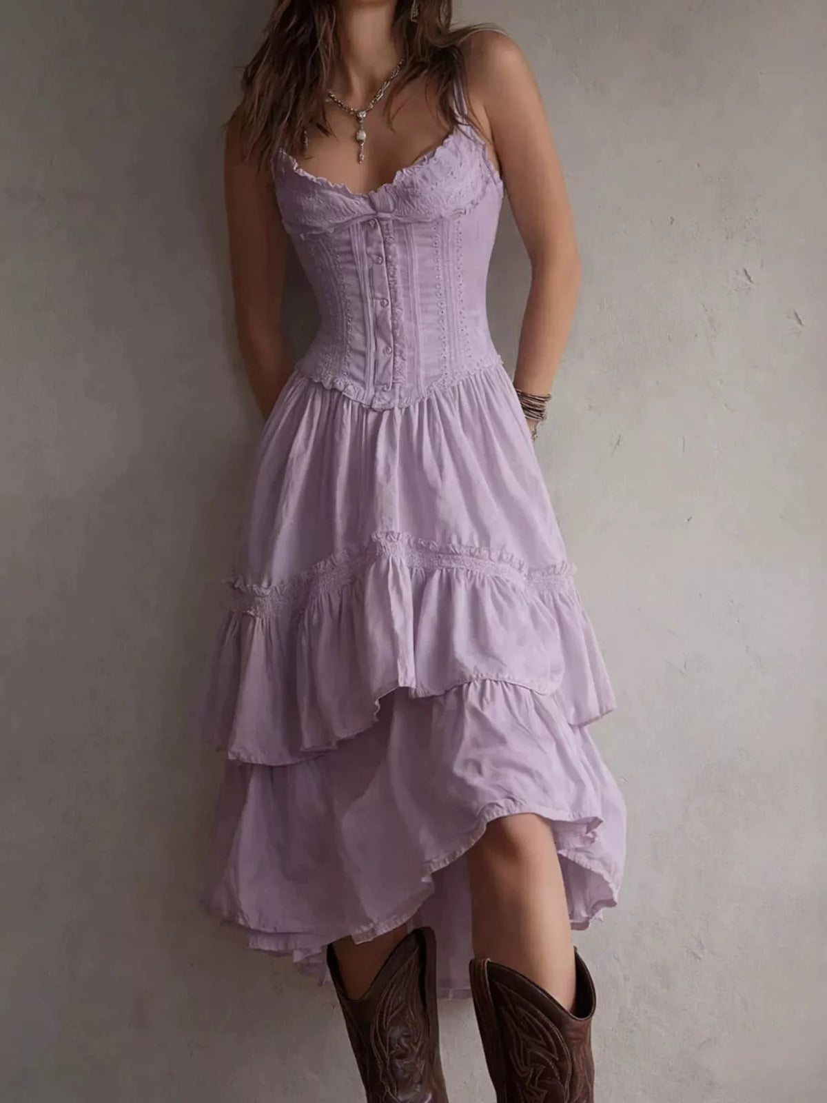 Layered Ruffle Midi Dress in purple