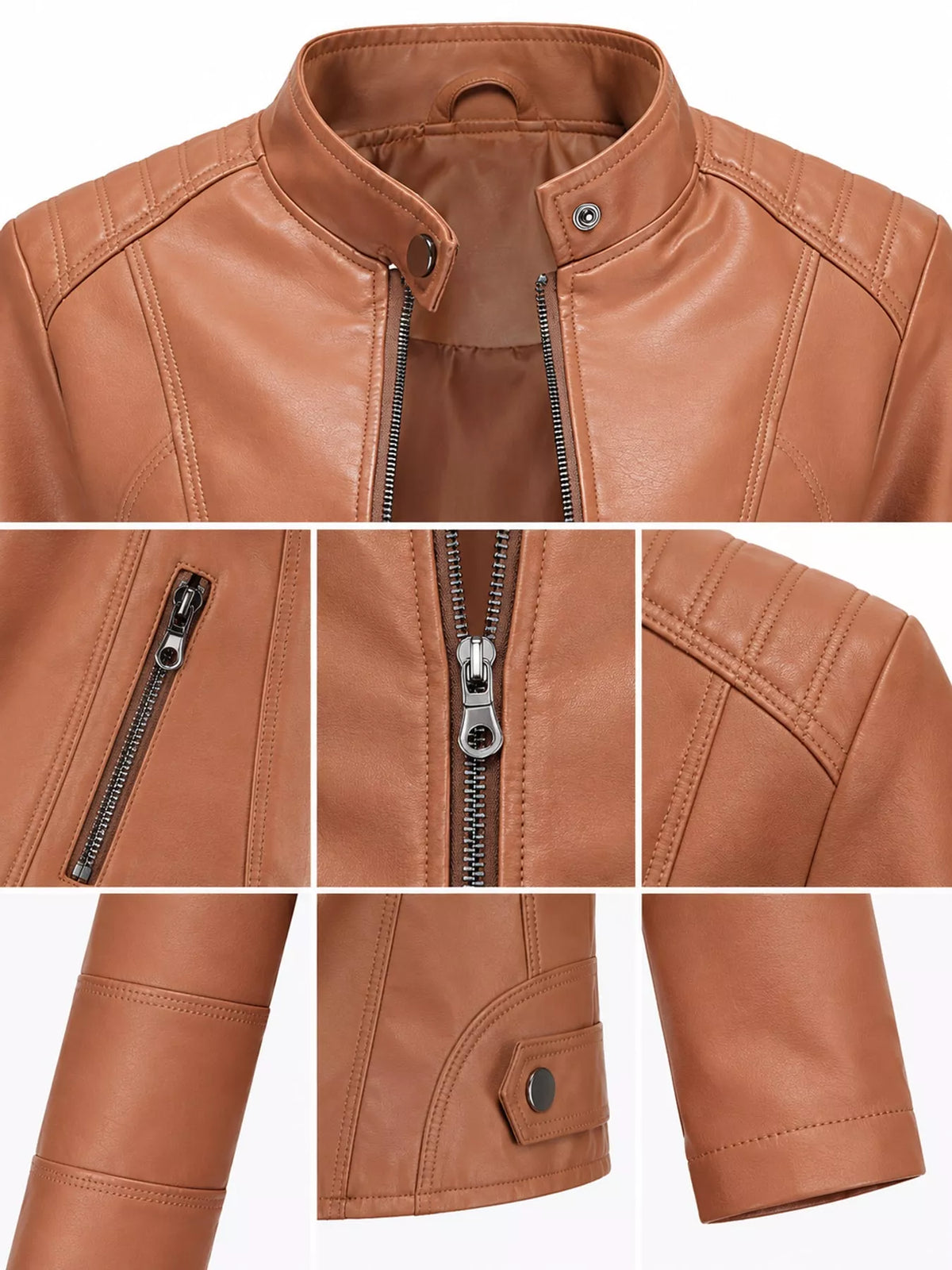Faux-leather moto jacket, tan collar zip and seam details