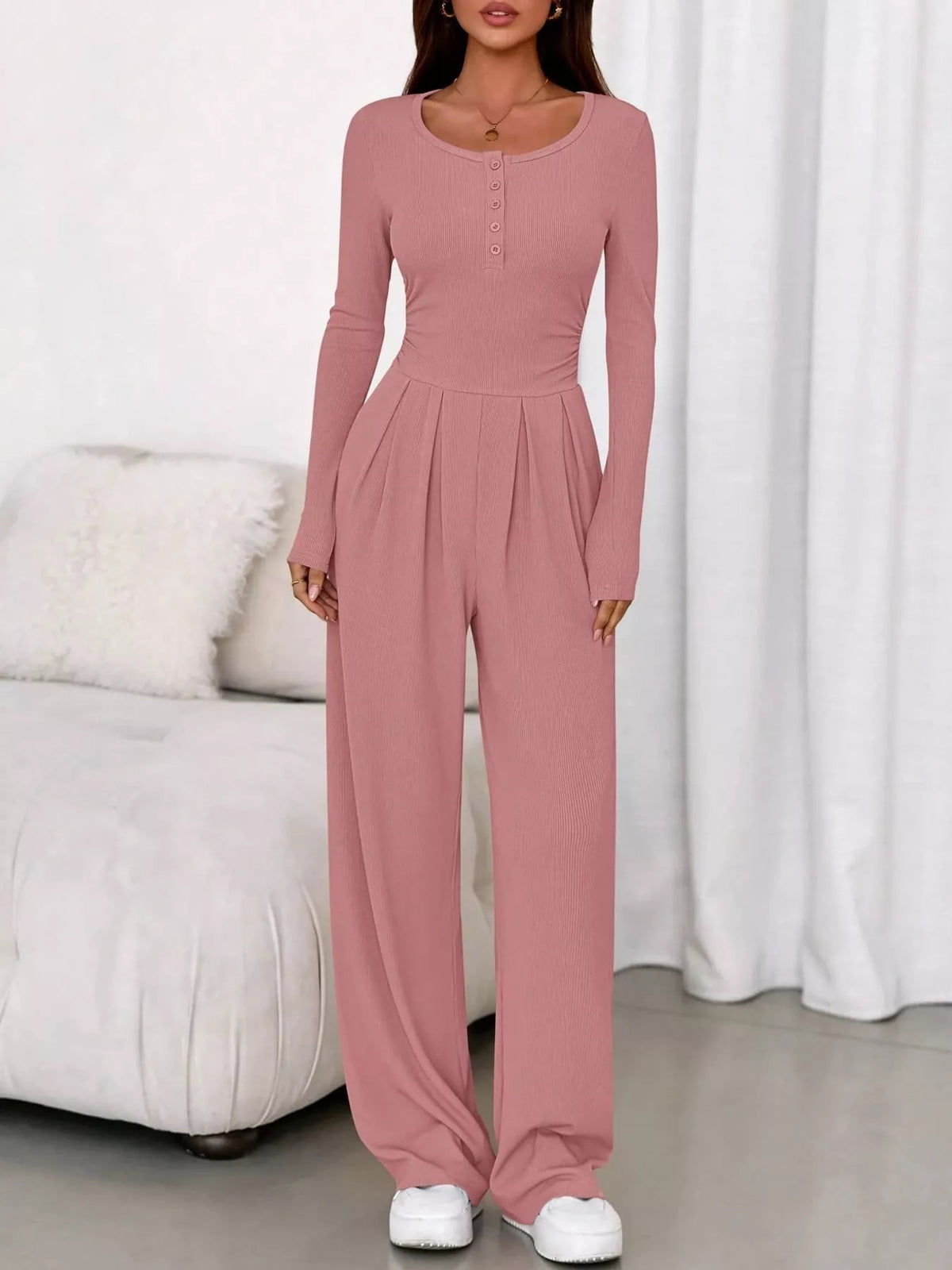 Long Sleeve Ribbed Knit Wide-Leg Jumpsuit — front view